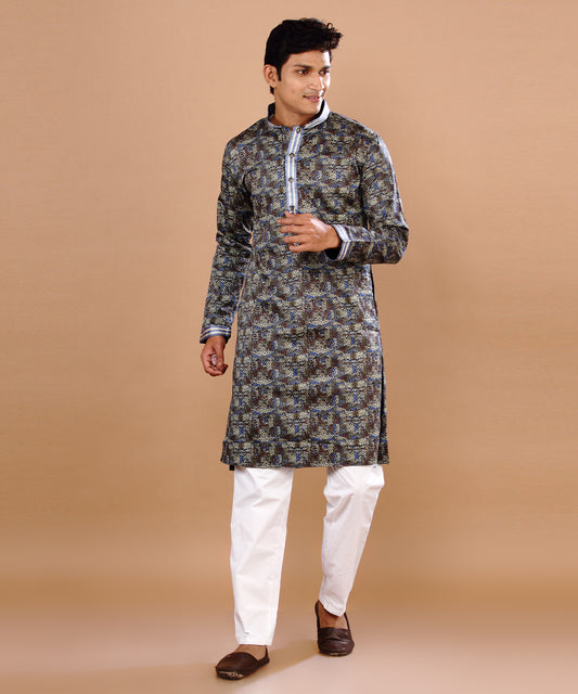 HAMSAFAR Men's Black Giza Cotton Floral Print Kurta Pyjama