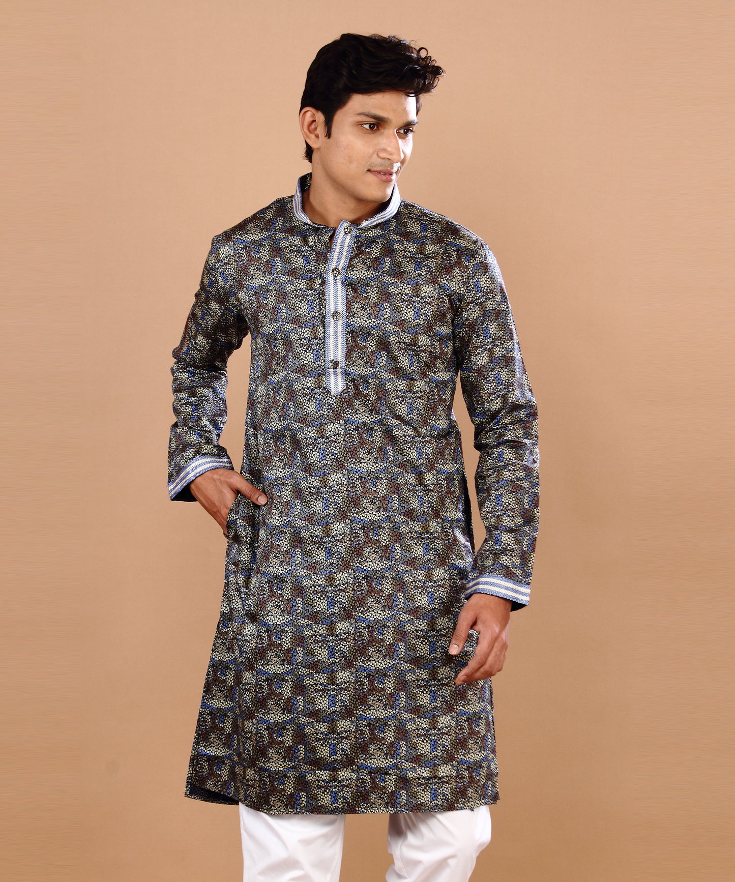 HAMSAFAR Men's Black Giza Cotton Floral Print Kurta Pyjama