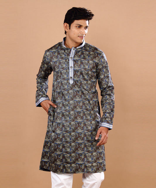 HAMSAFAR Men's Black Giza Cotton Floral Print Kurta Pyjama