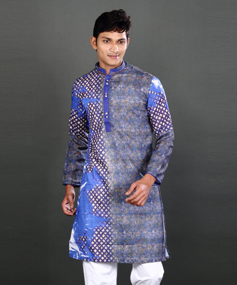 HAMSAFAR Men's Blue Digital Printed Kurta Pyjama