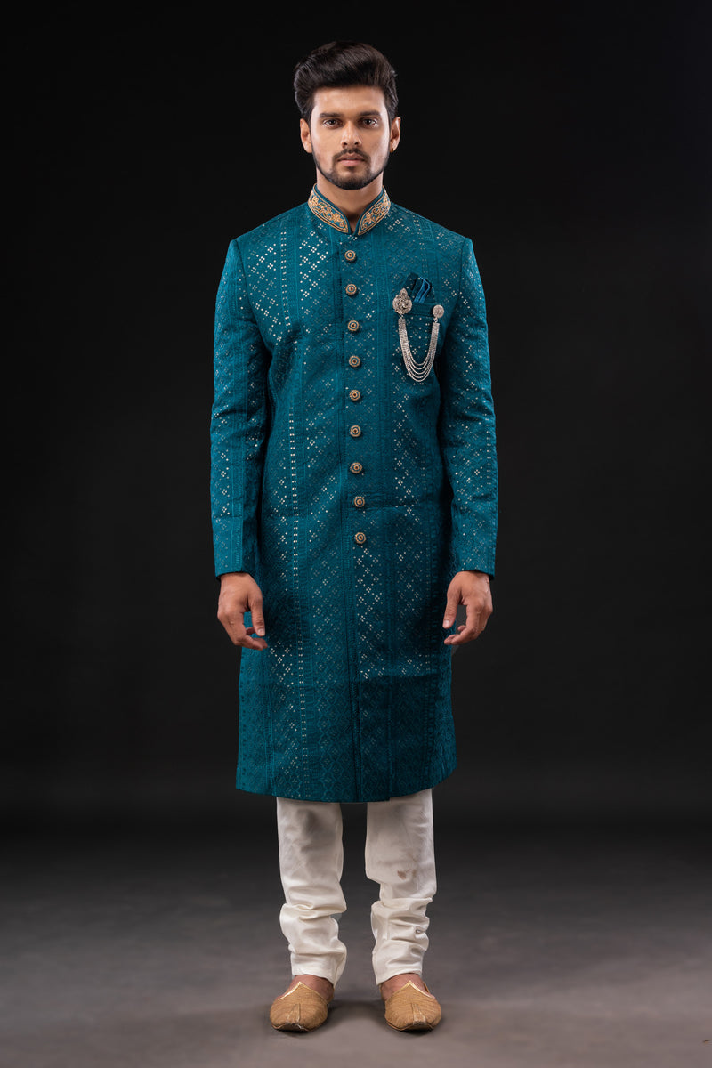 HAMSAFAR Men’s turquoise blue sequence Chekan embroidery sherwani