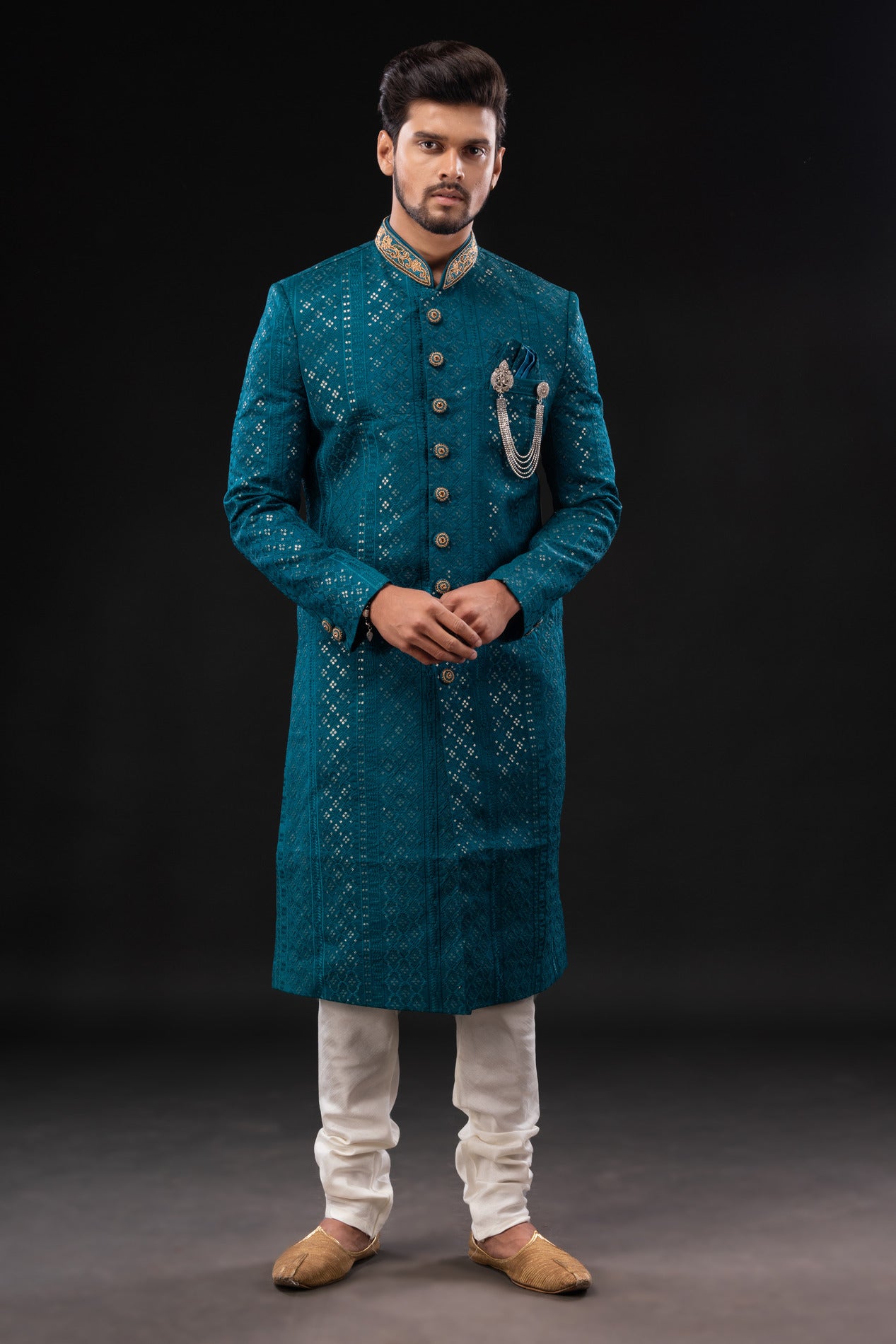 HAMSAFAR Men’s turquoise blue sequence Chekan embroidery sherwani