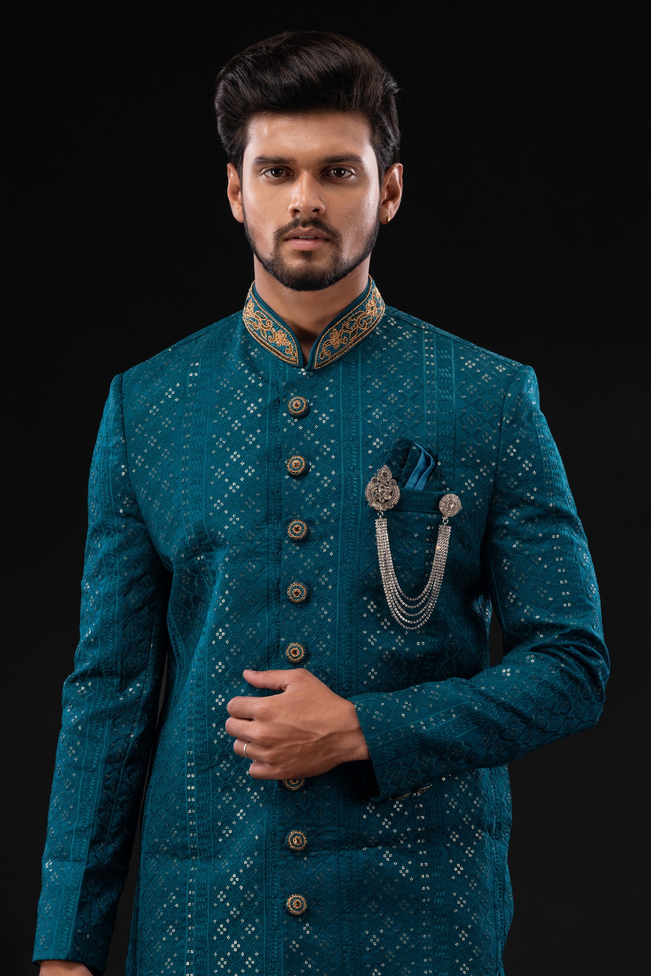 HAMSAFAR Men’s turquoise blue sequence Chekan embroidery sherwani