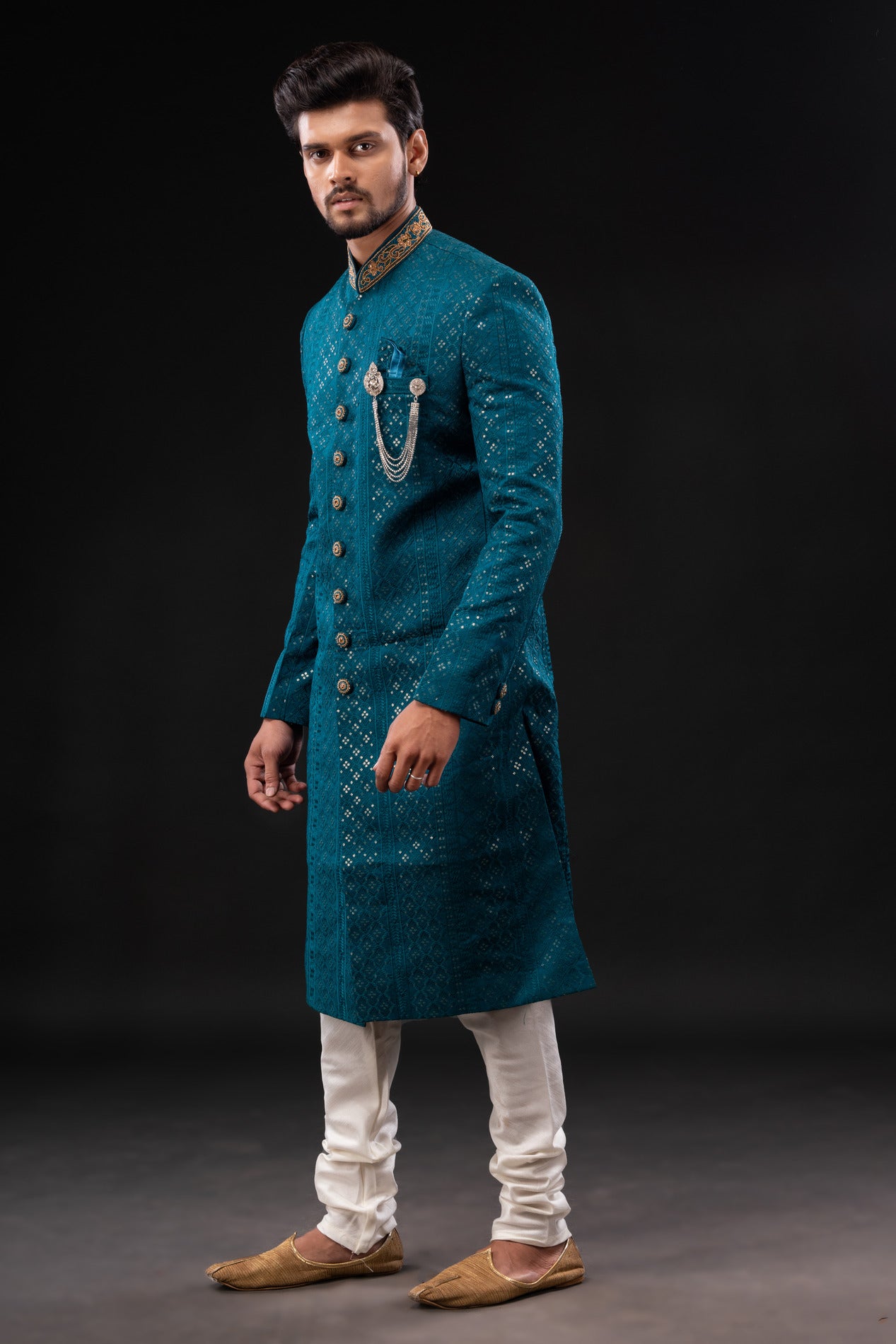 HAMSAFAR Men’s turquoise blue sequence Chekan embroidery sherwani