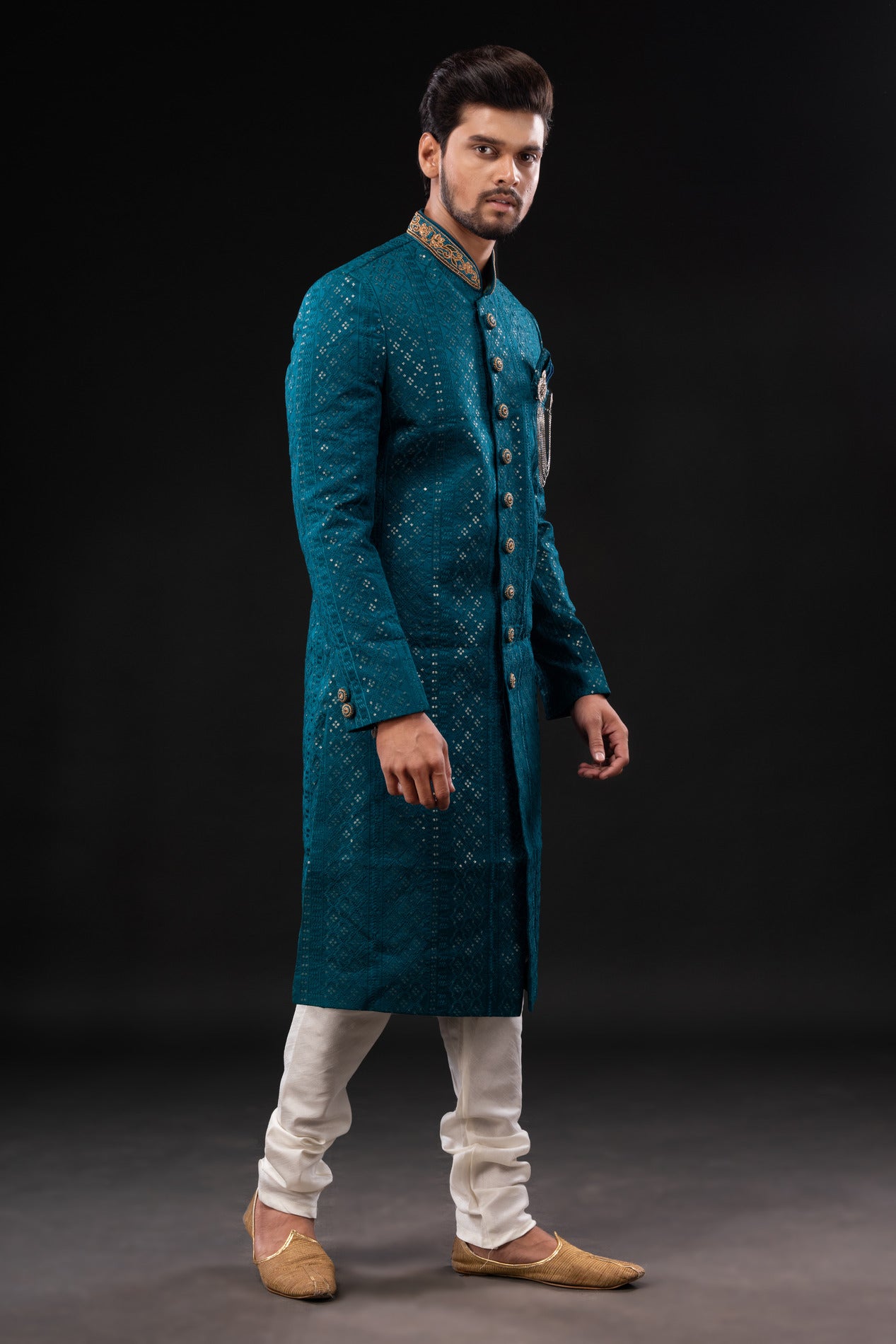 HAMSAFAR Men’s turquoise blue sequence Chekan embroidery sherwani