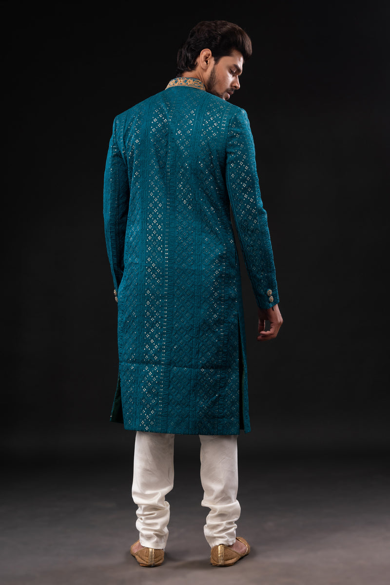 HAMSAFAR Men’s turquoise blue sequence Chekan embroidery sherwani