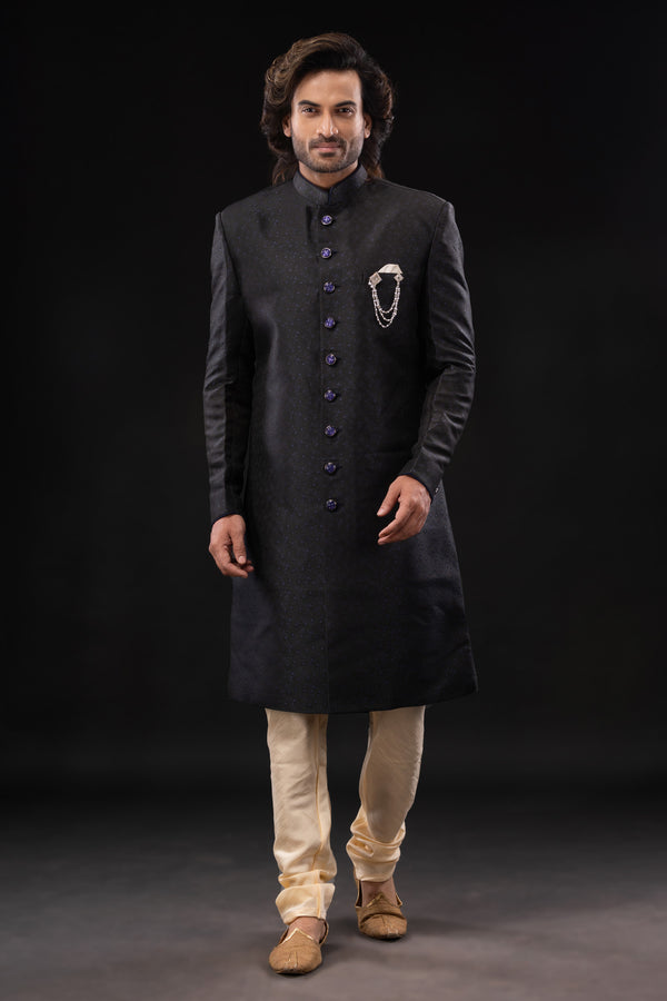 HAMSAFAR Men’s Black Silk Printed Sherwani