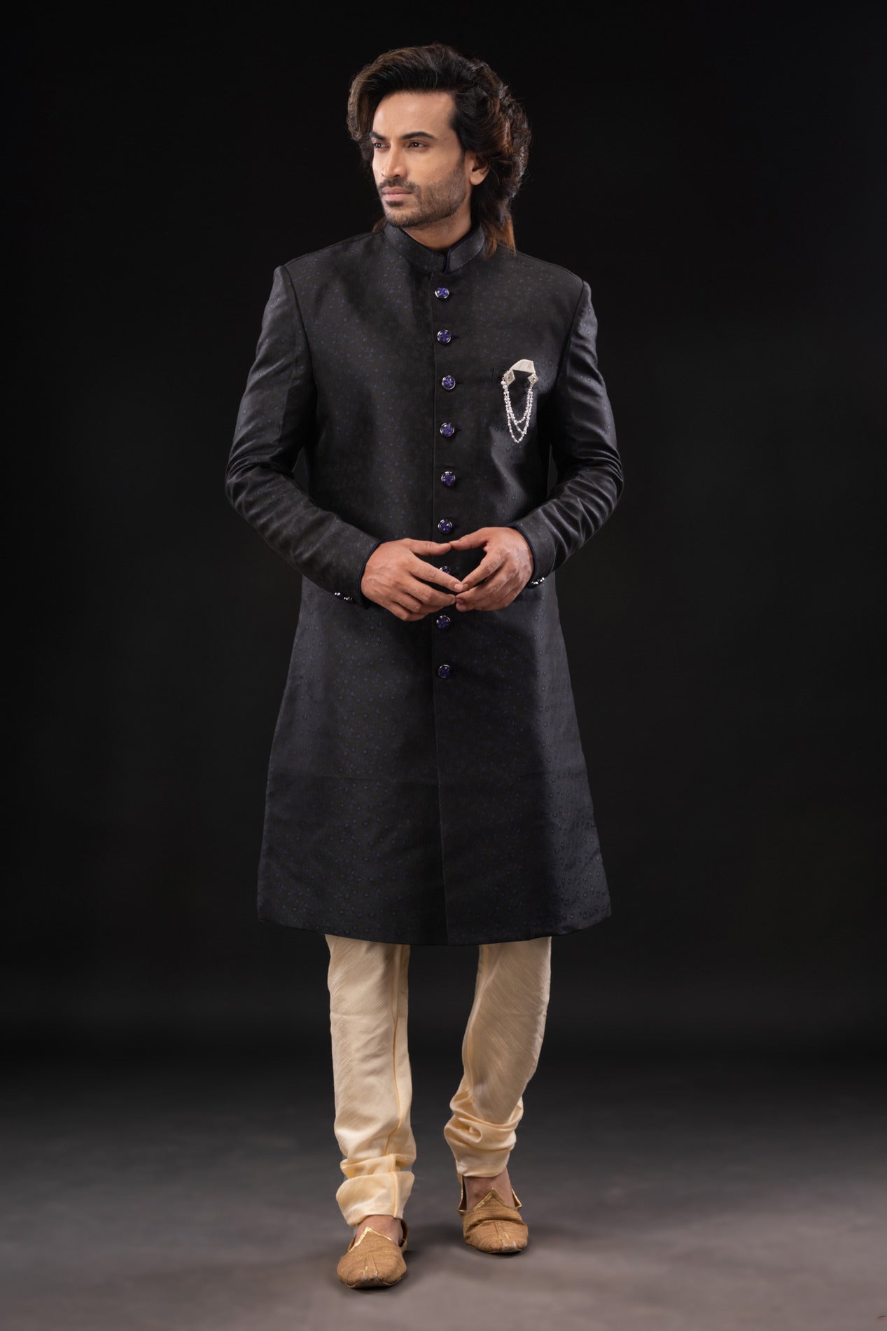 HAMSAFAR Men’s Black Silk Printed Sherwani