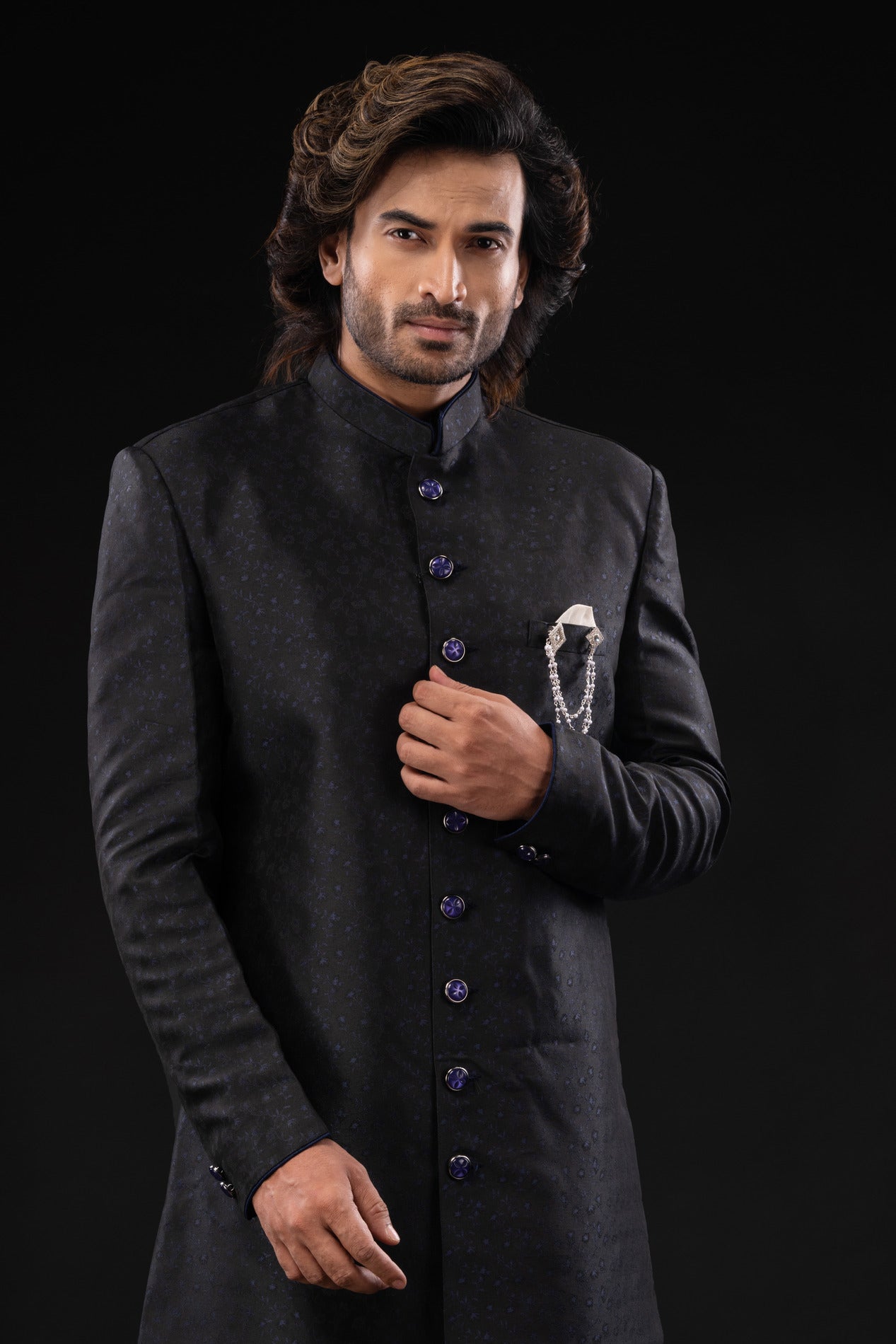 HAMSAFAR Men’s Black Silk Printed Sherwani