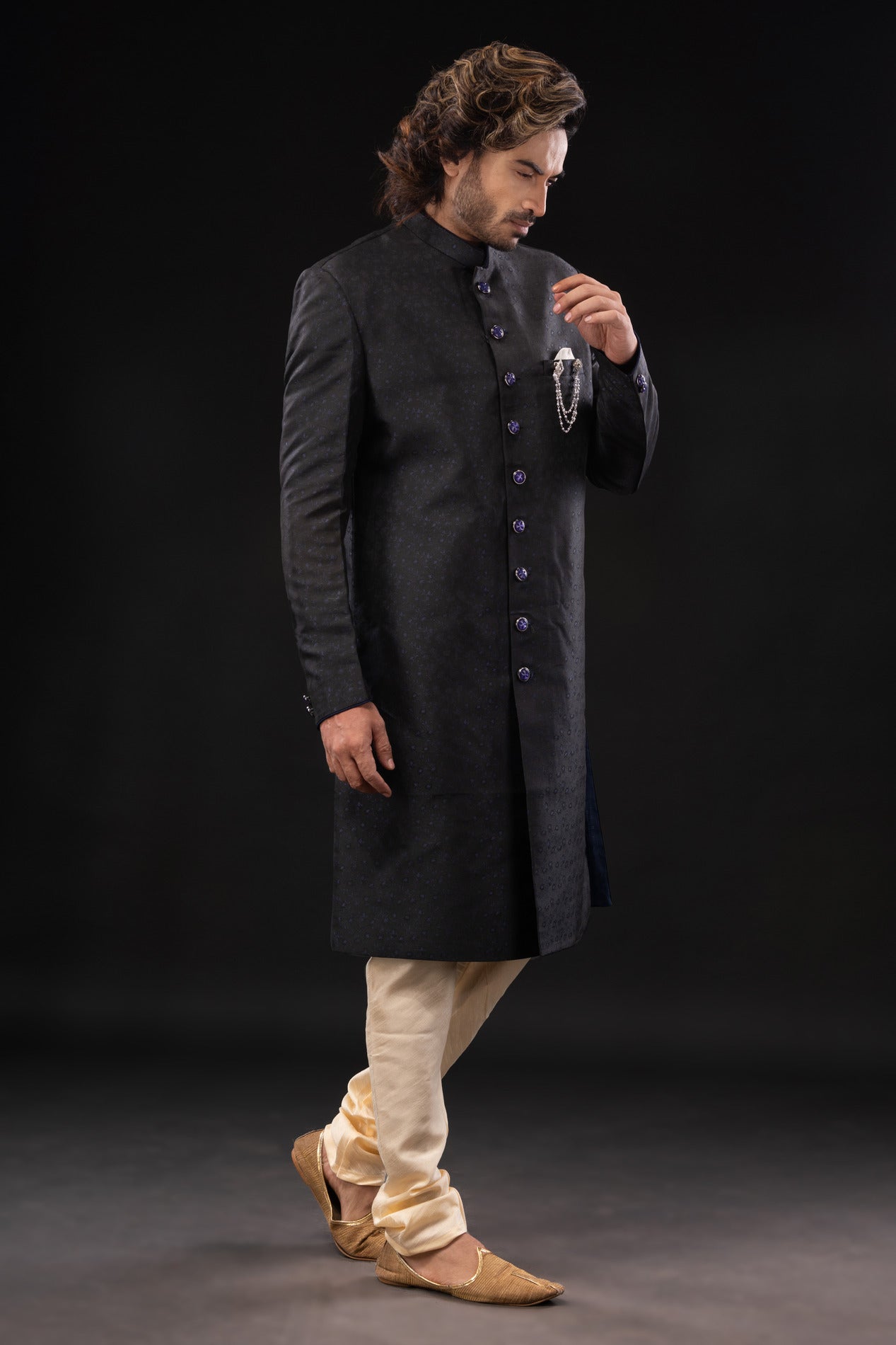 HAMSAFAR Men’s Black Silk Printed Sherwani