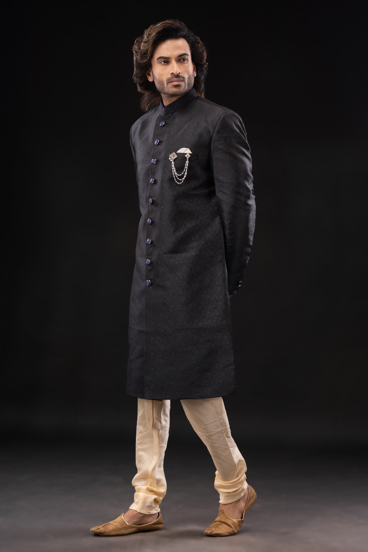 HAMSAFAR Men’s Black Silk Printed Sherwani
