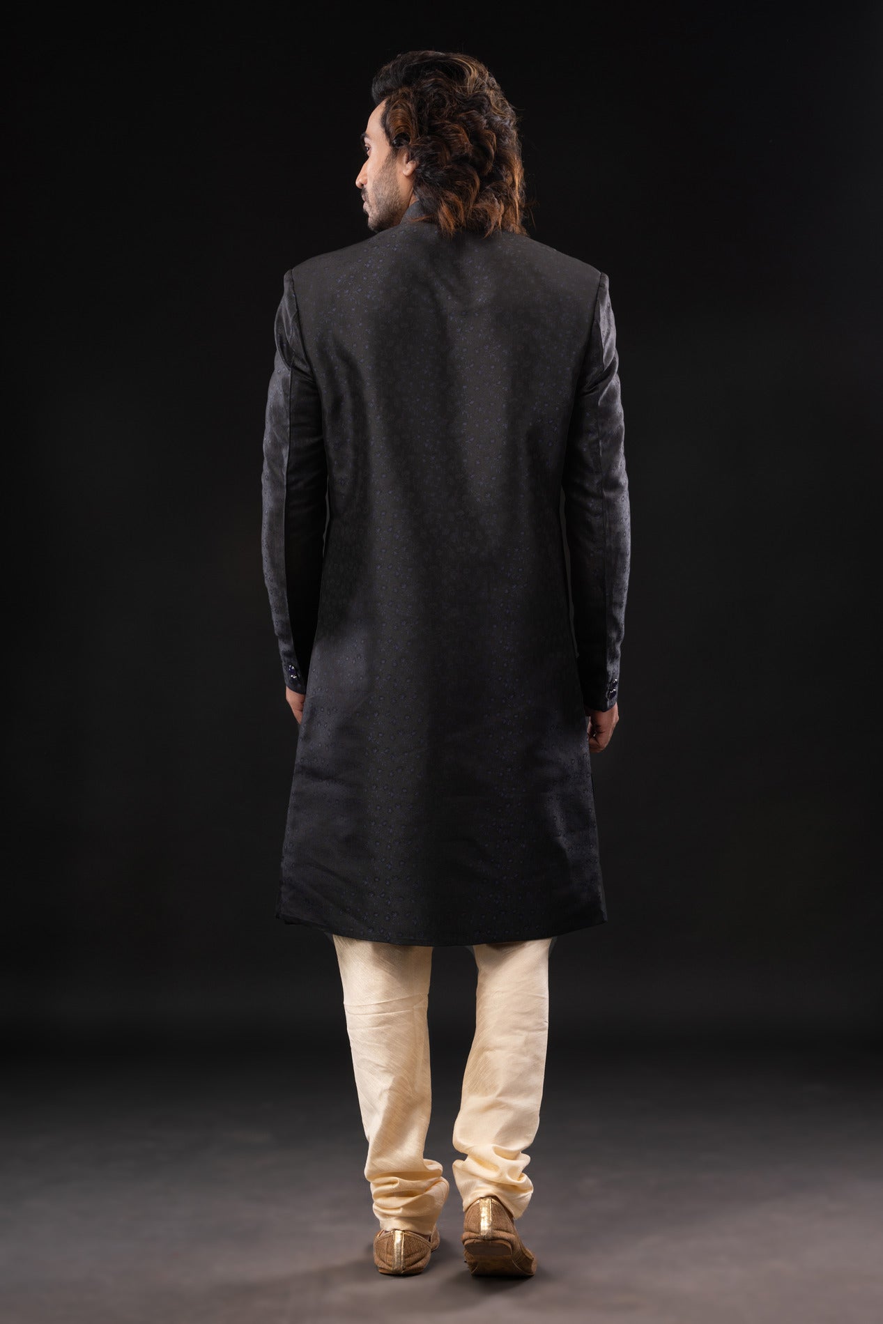HAMSAFAR Men’s Black Silk Printed Sherwani