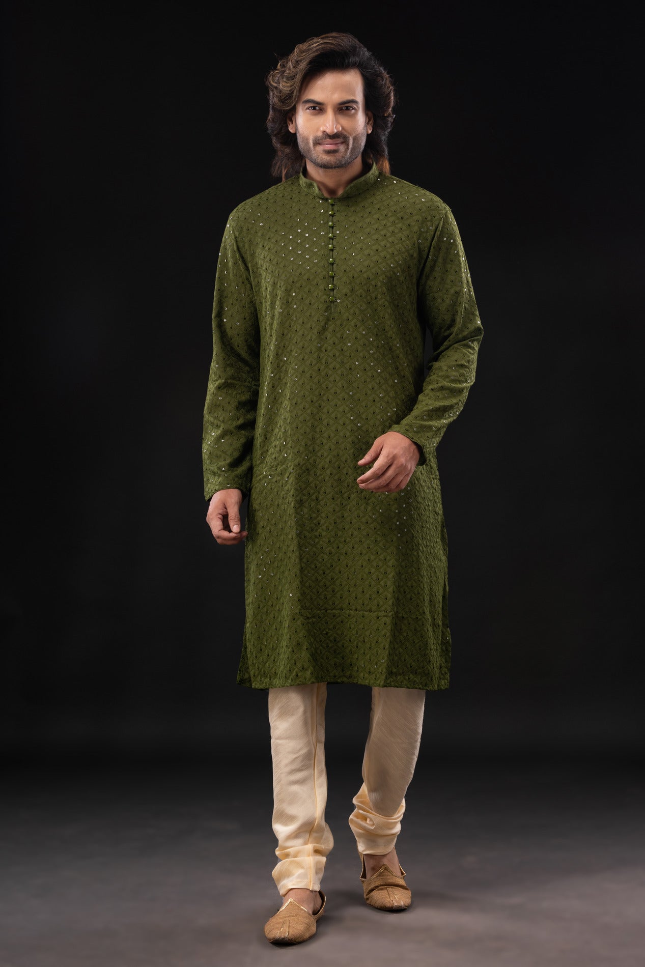 HAMSAFAR Men’s Mehndi Green Cotton Sequence Casual Kurta