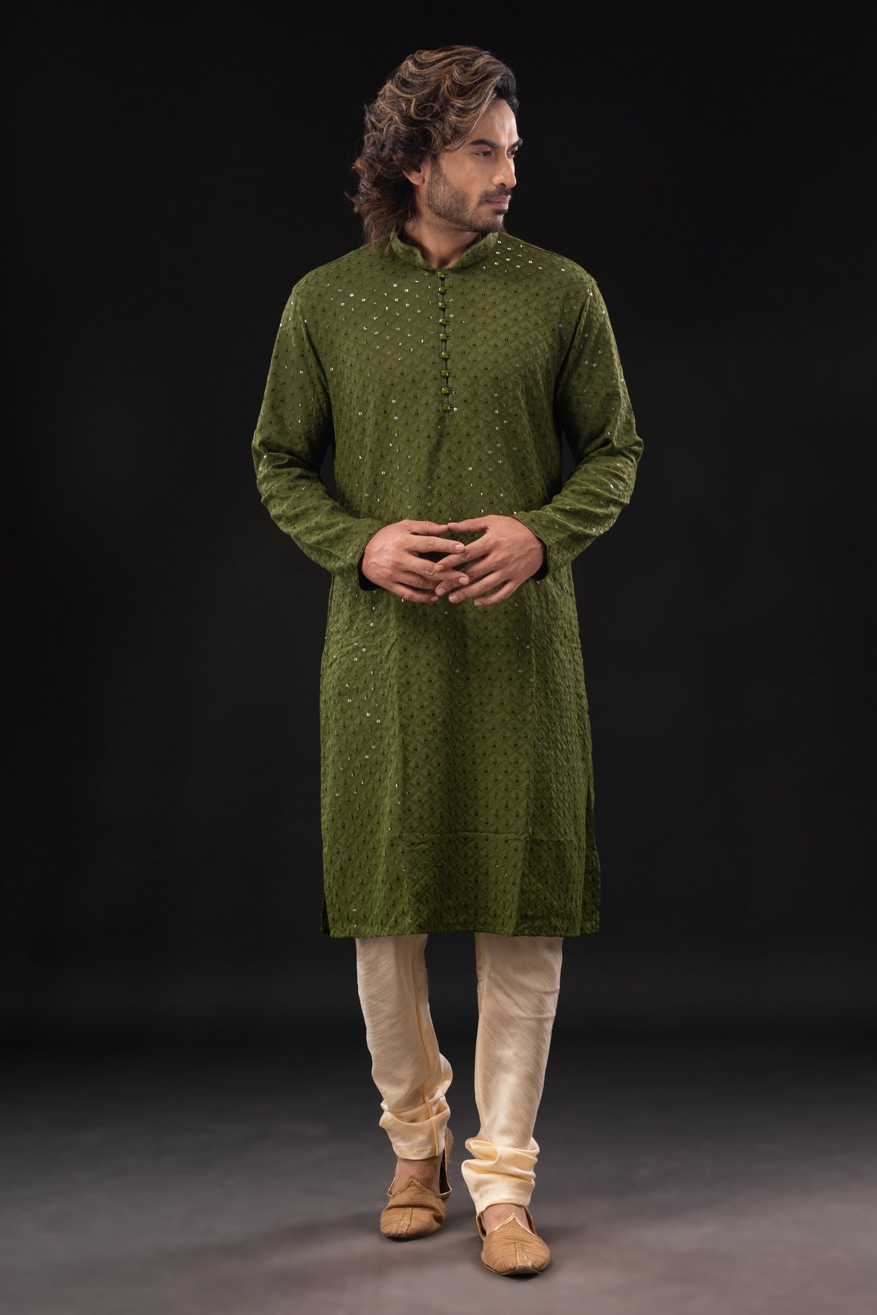 HAMSAFAR Men’s Mehndi Green Cotton Sequence Casual Kurta