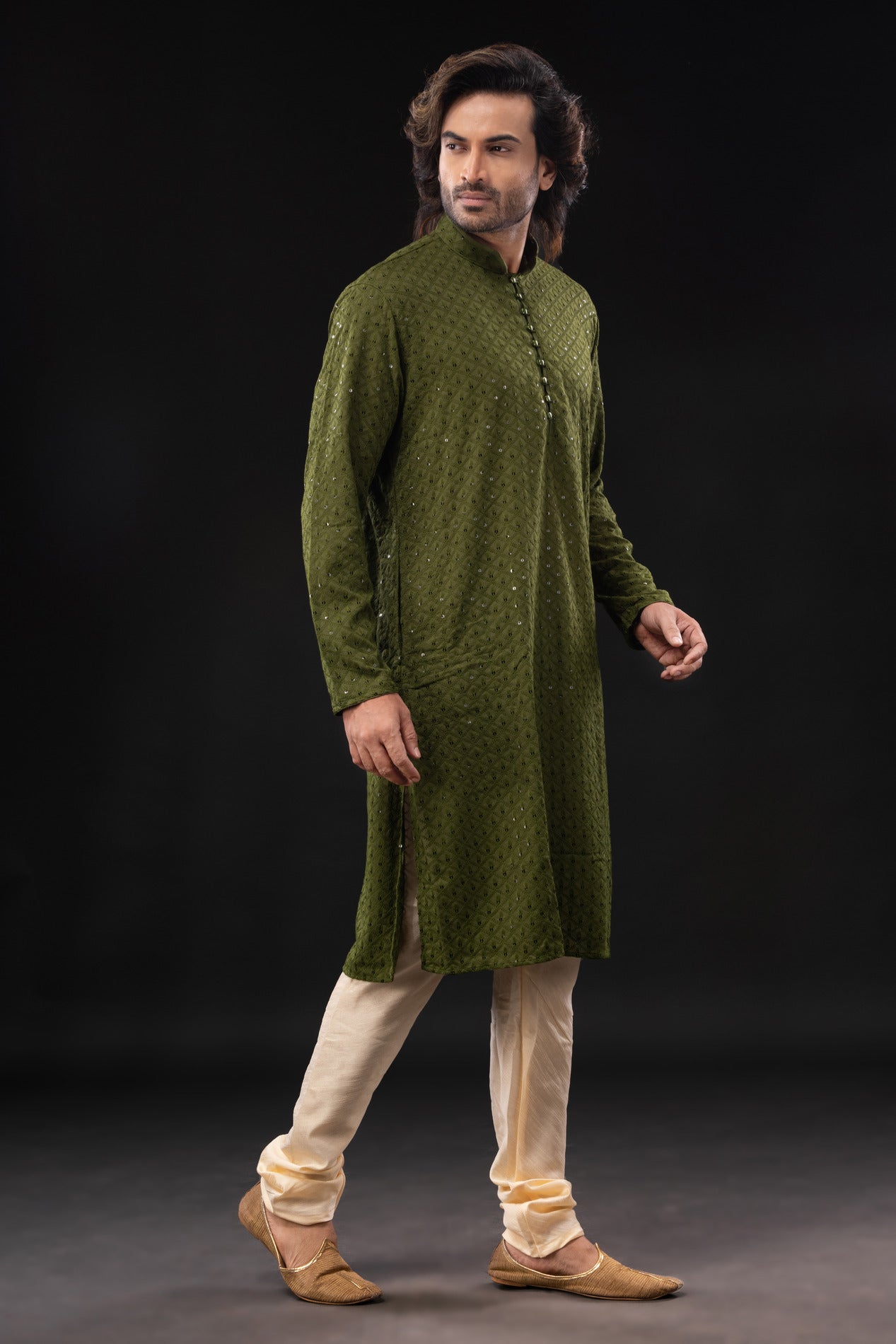 HAMSAFAR Men’s Mehndi Green Cotton Sequence Casual Kurta