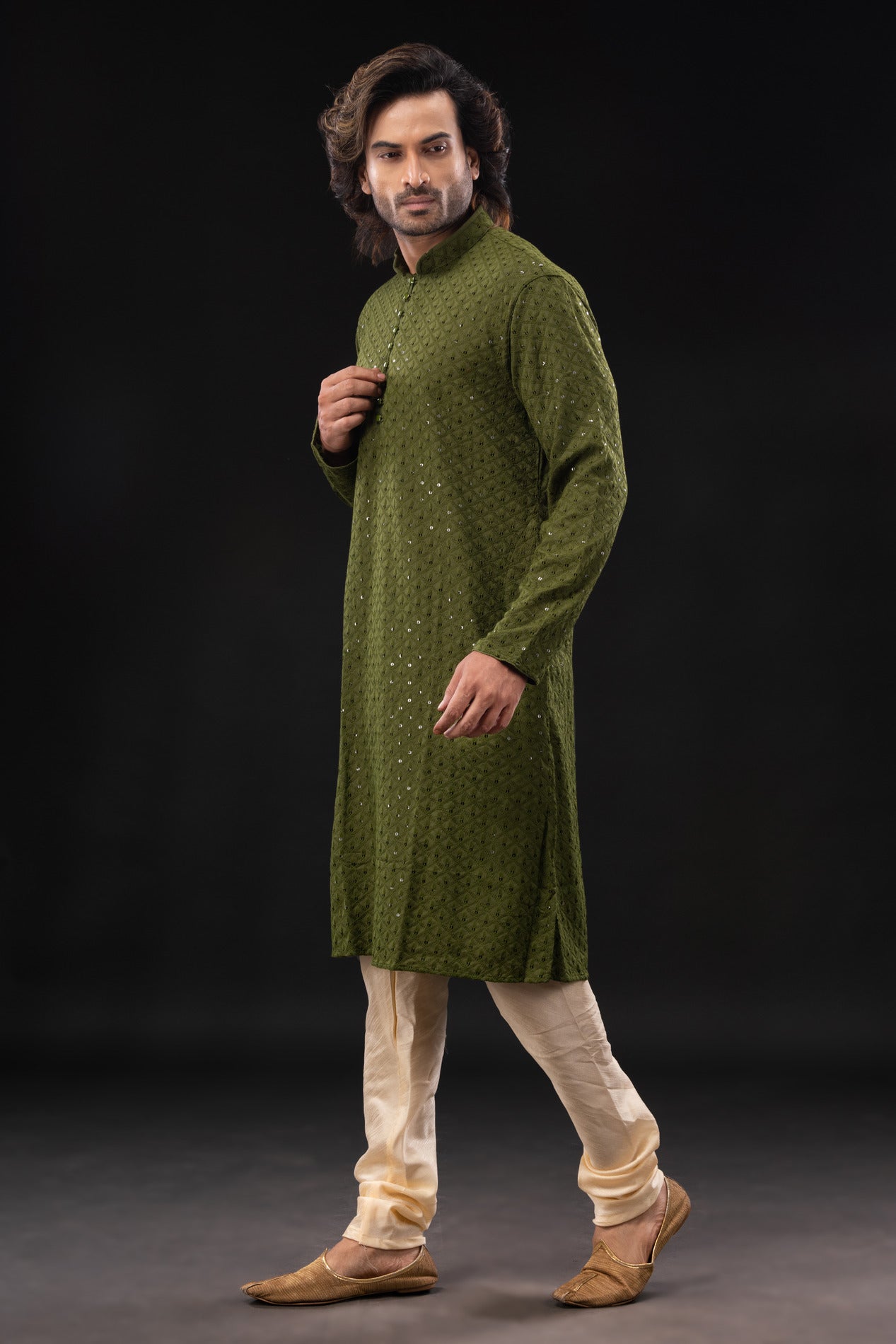 HAMSAFAR Men’s Mehndi Green Cotton Sequence Casual Kurta