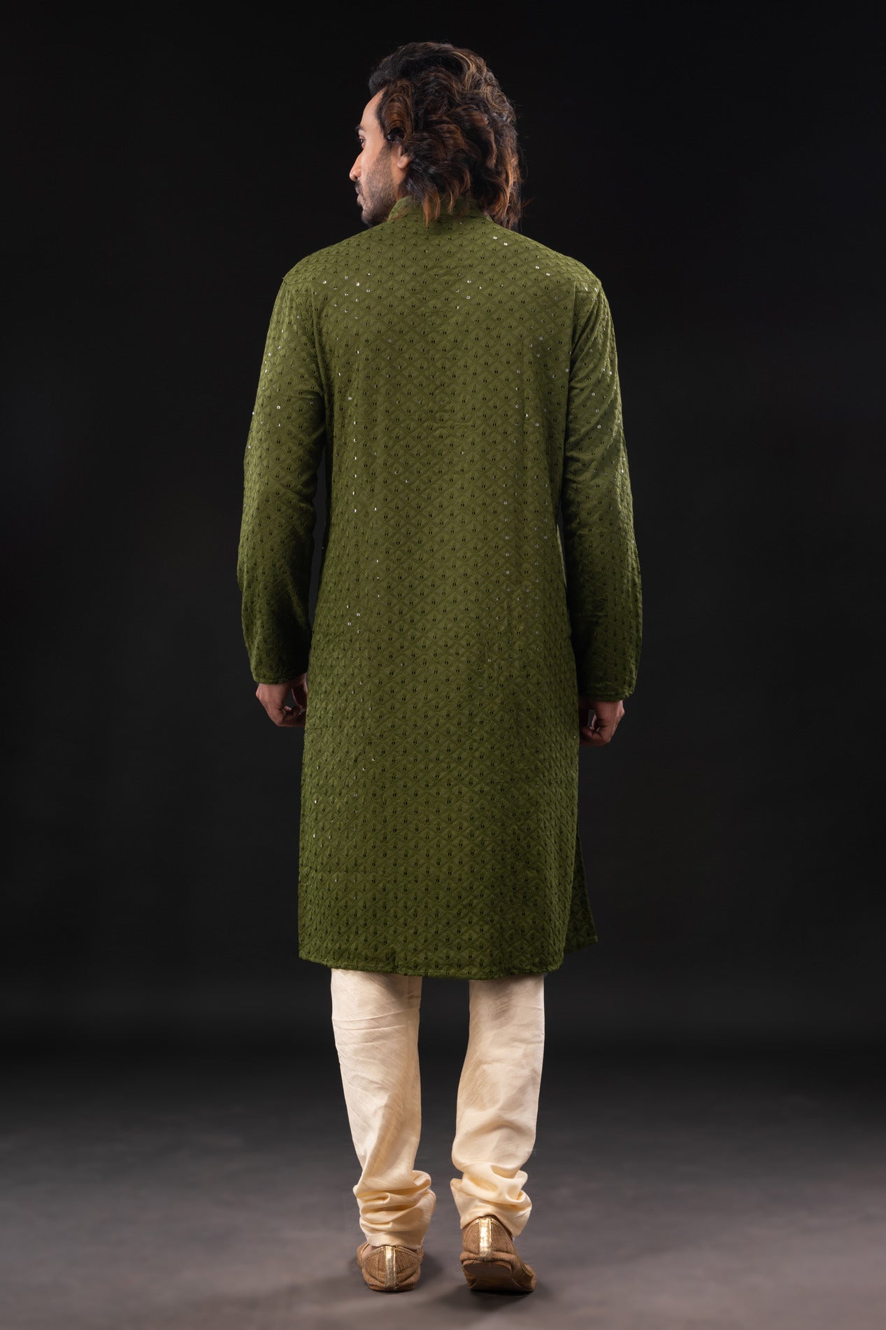 HAMSAFAR Men’s Mehndi Green Cotton Sequence Casual Kurta