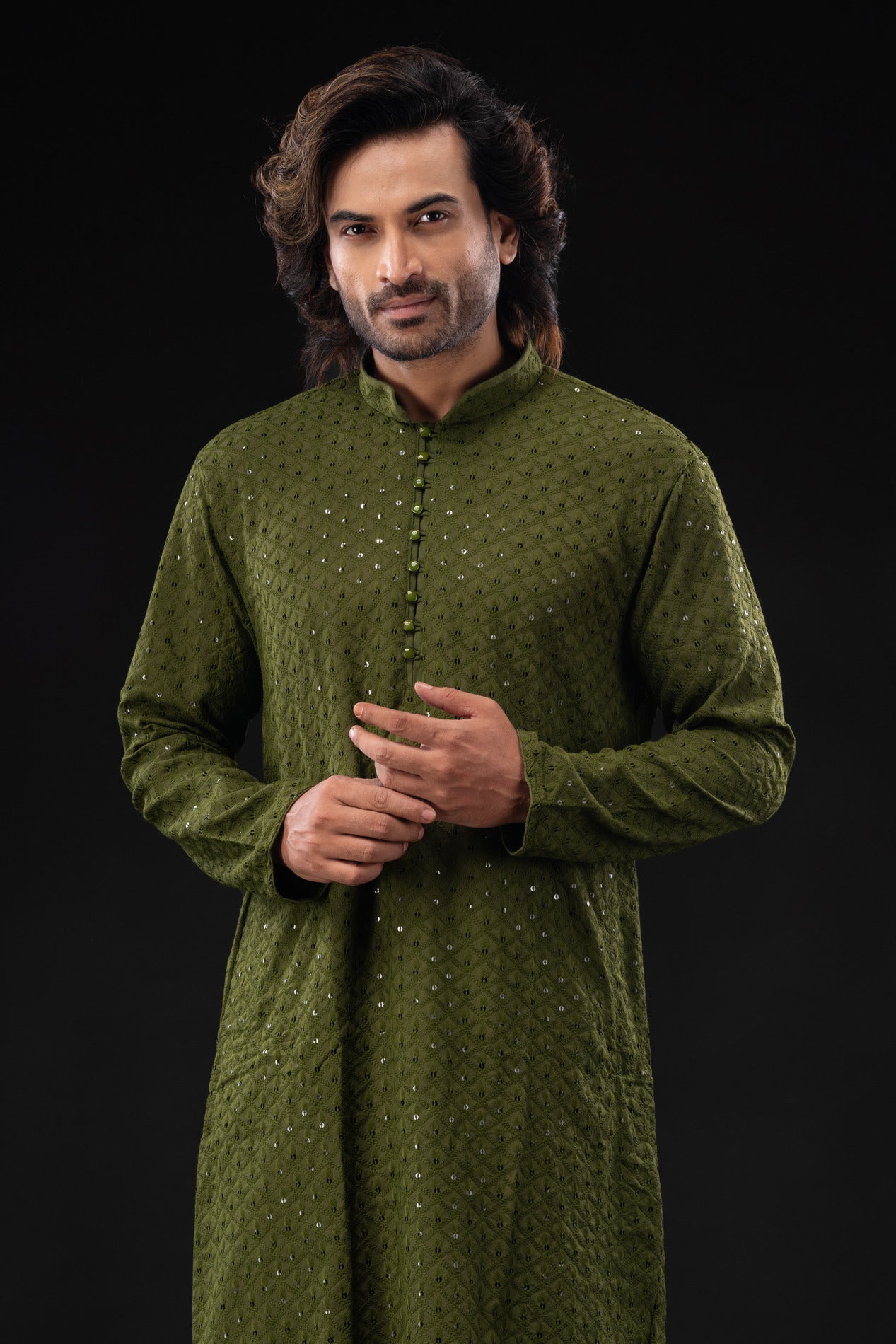 HAMSAFAR Men’s Mehndi Green Cotton Sequence Casual Kurta