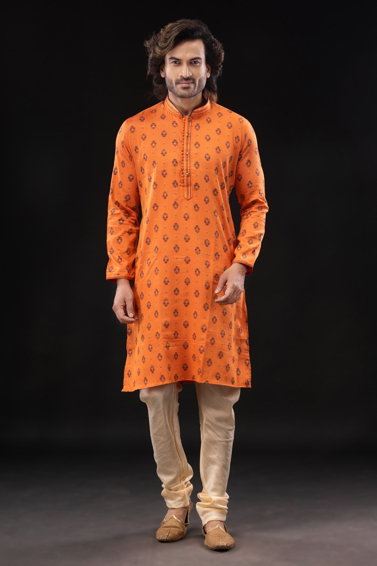 HAMSAFAR Men’s Orange Cotton Printed Party Wear  Kurta