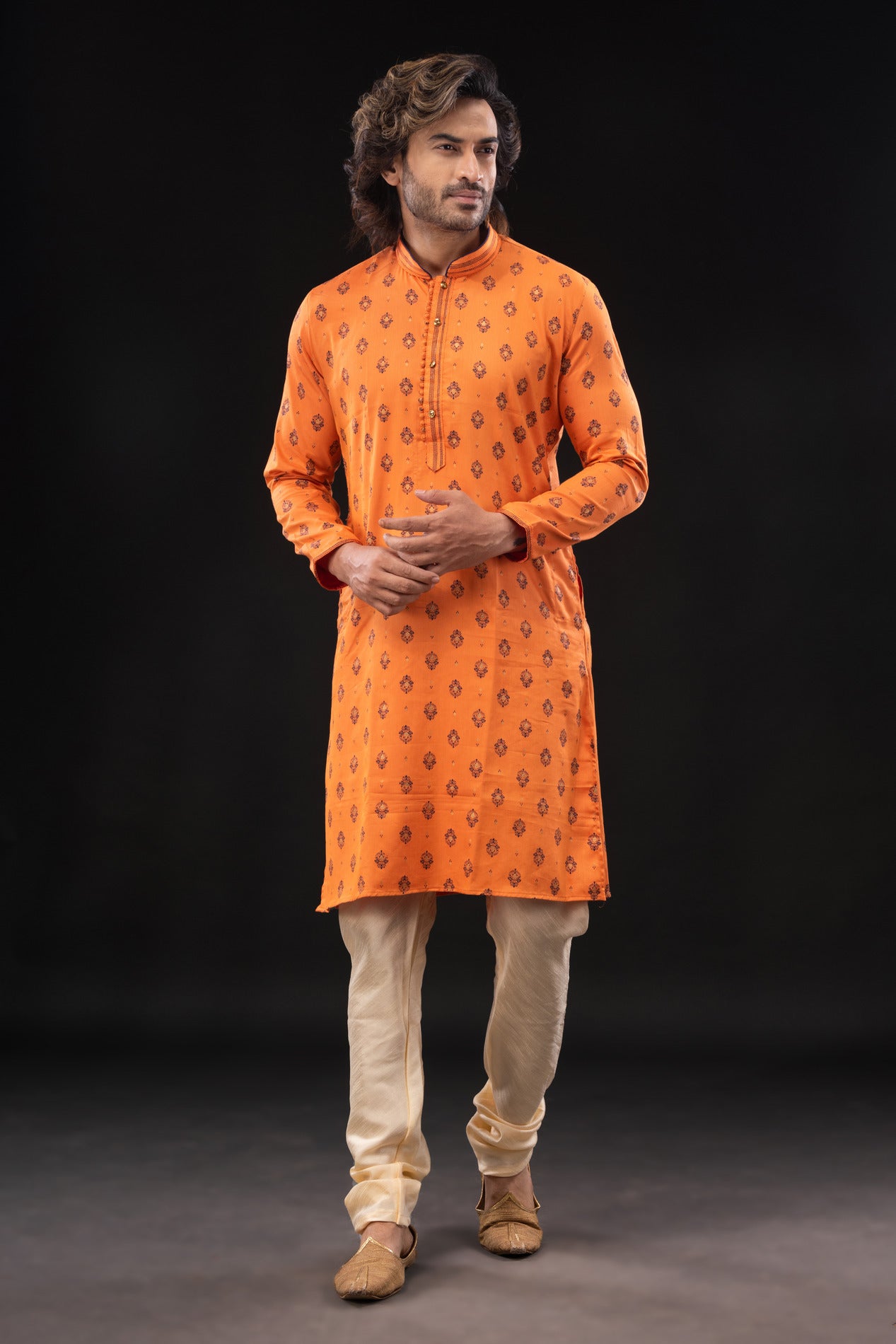 HAMSAFAR Men’s Orange Cotton Printed Party Wear  Kurta
