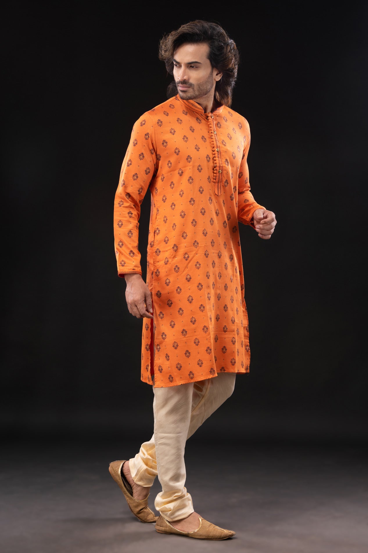 HAMSAFAR Men’s Orange Cotton Printed Party Wear  Kurta