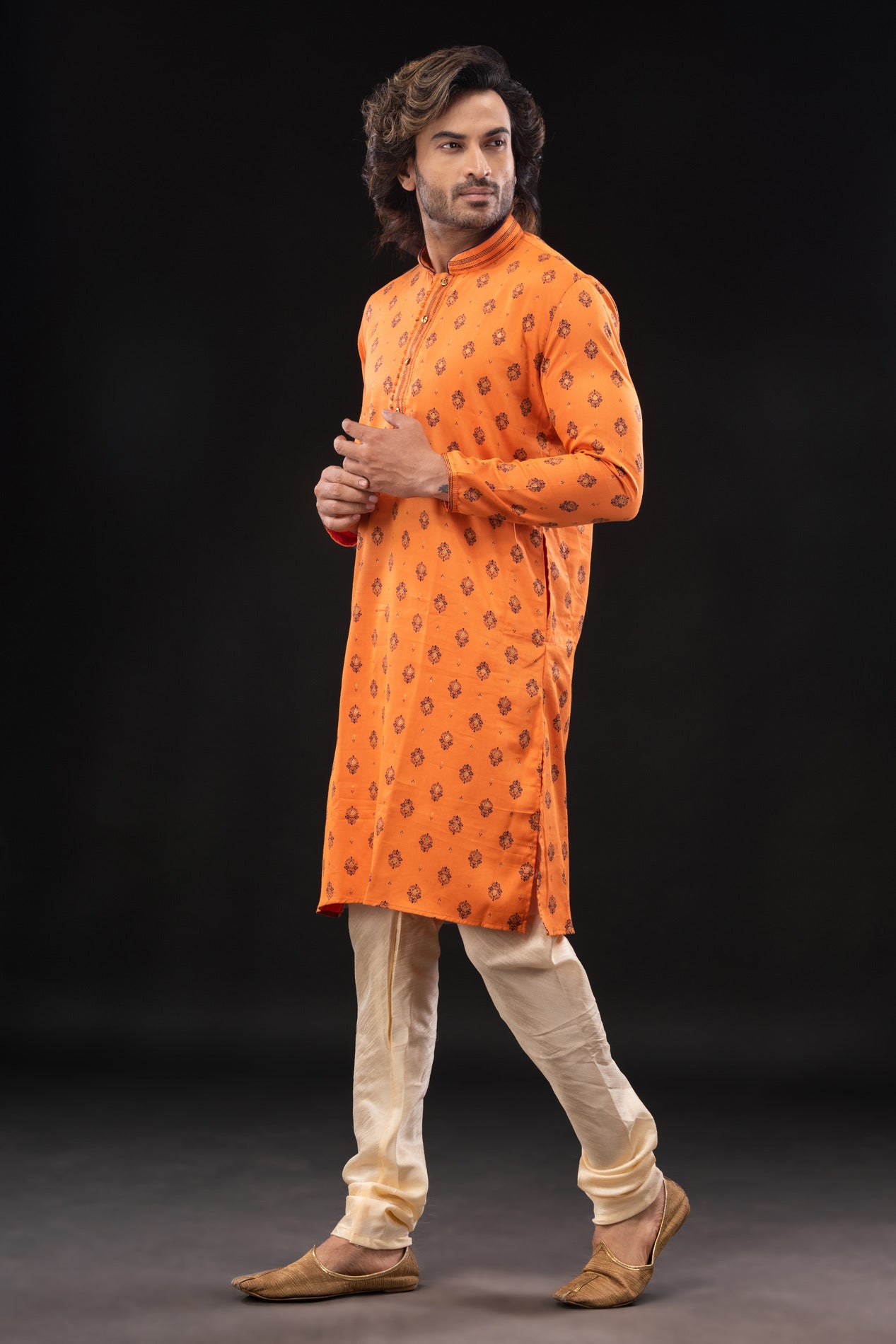 HAMSAFAR Men’s Orange Cotton Printed Party Wear  Kurta