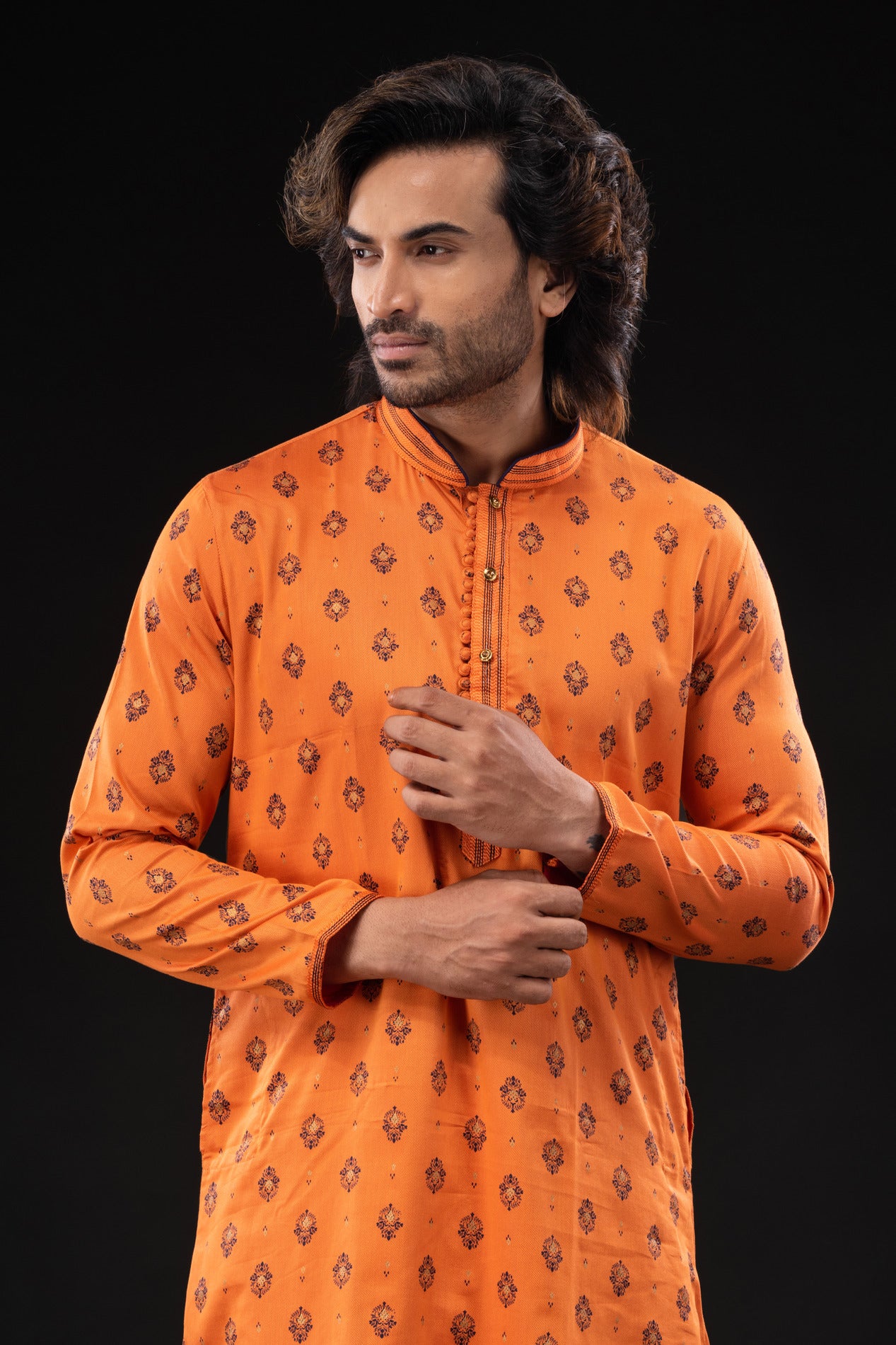 HAMSAFAR Men’s Orange Cotton Printed Party Wear  Kurta