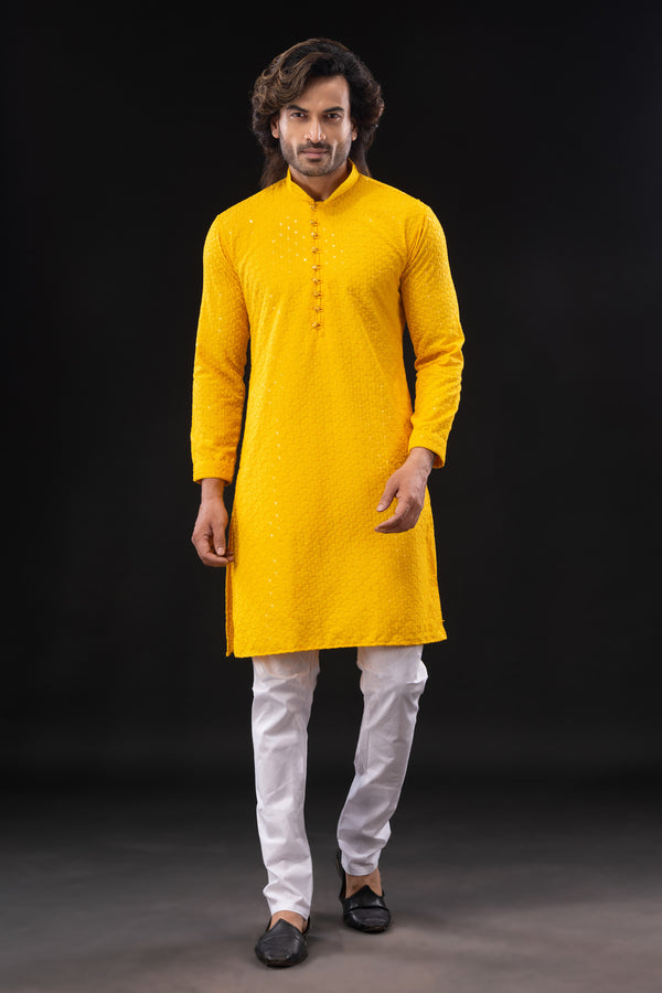 HAMSAFAR Men’s Yellow Sequence Cotton Casual Kurta