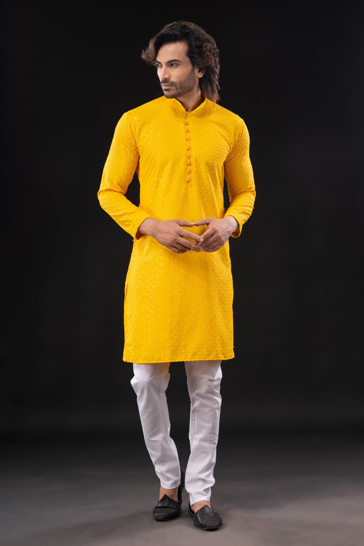 HAMSAFAR Men’s Yellow Sequence Cotton Casual Kurta