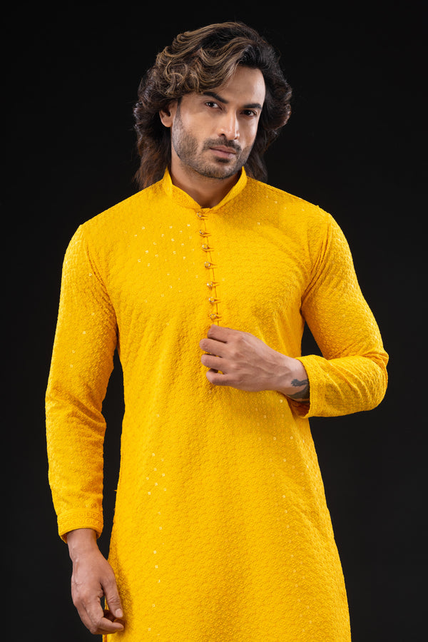 HAMSAFAR Men’s Yellow Sequence Cotton Casual Kurta