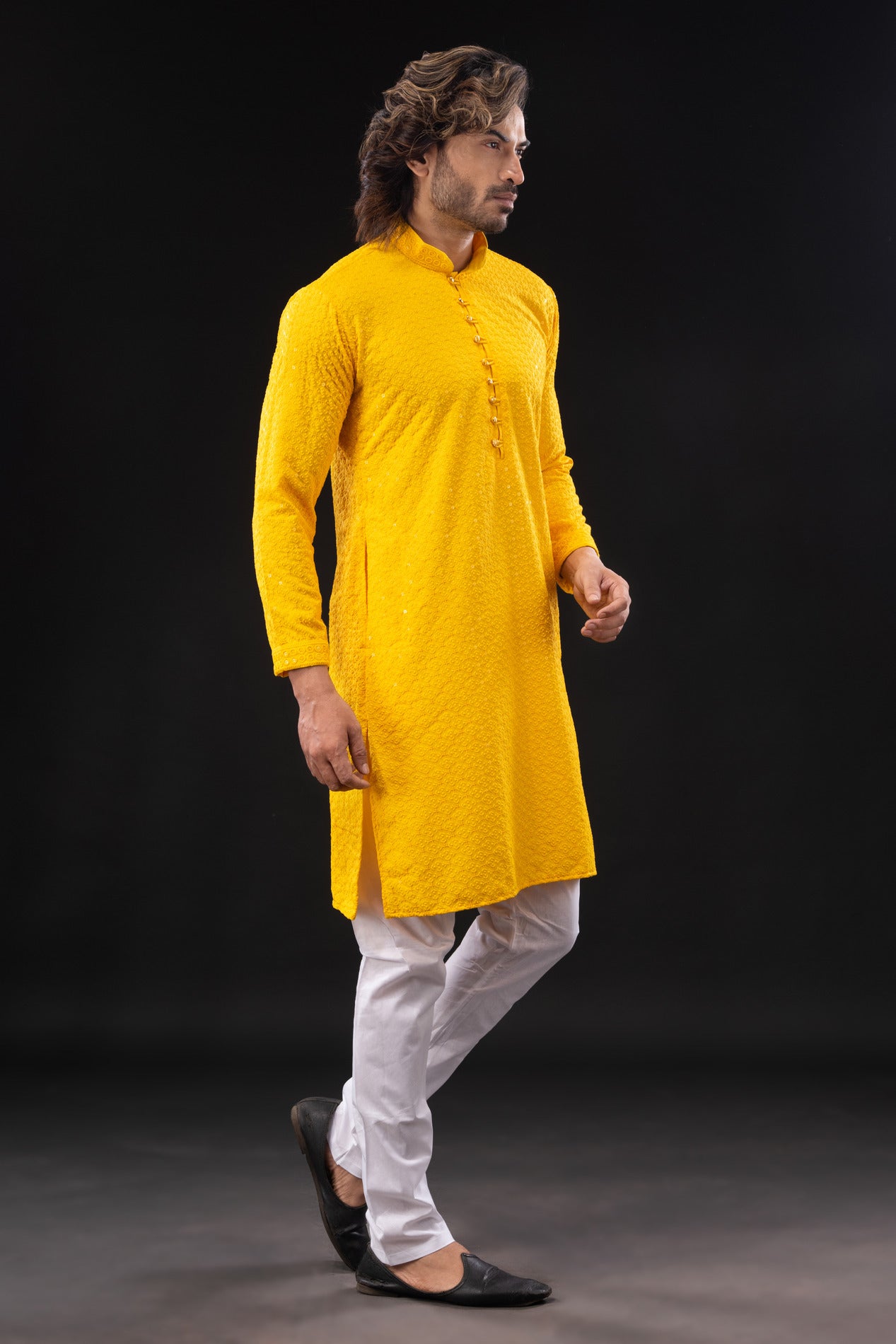 HAMSAFAR Men’s Yellow Sequence Cotton Casual Kurta