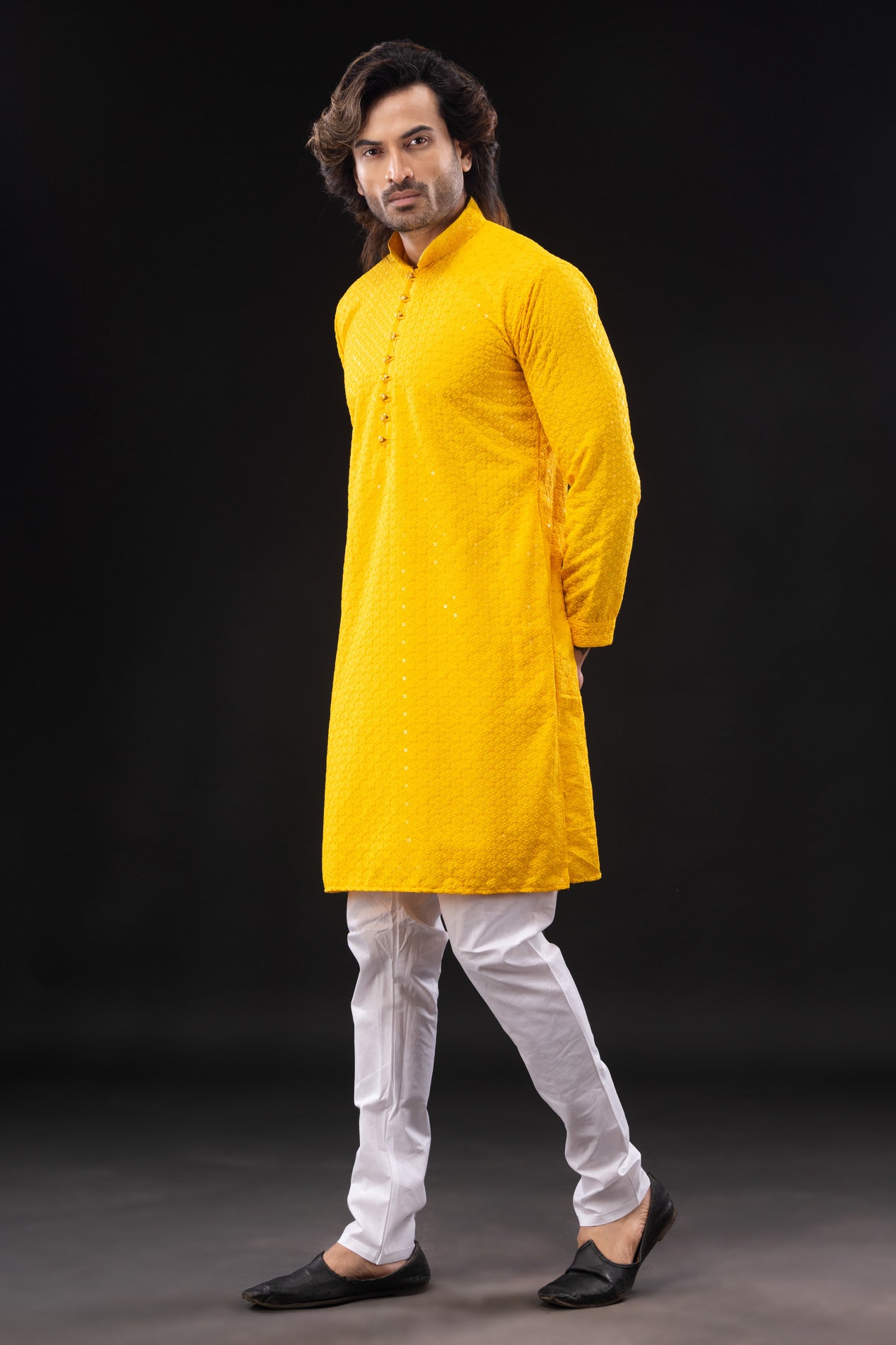 HAMSAFAR Men’s Yellow Sequence Cotton Casual Kurta