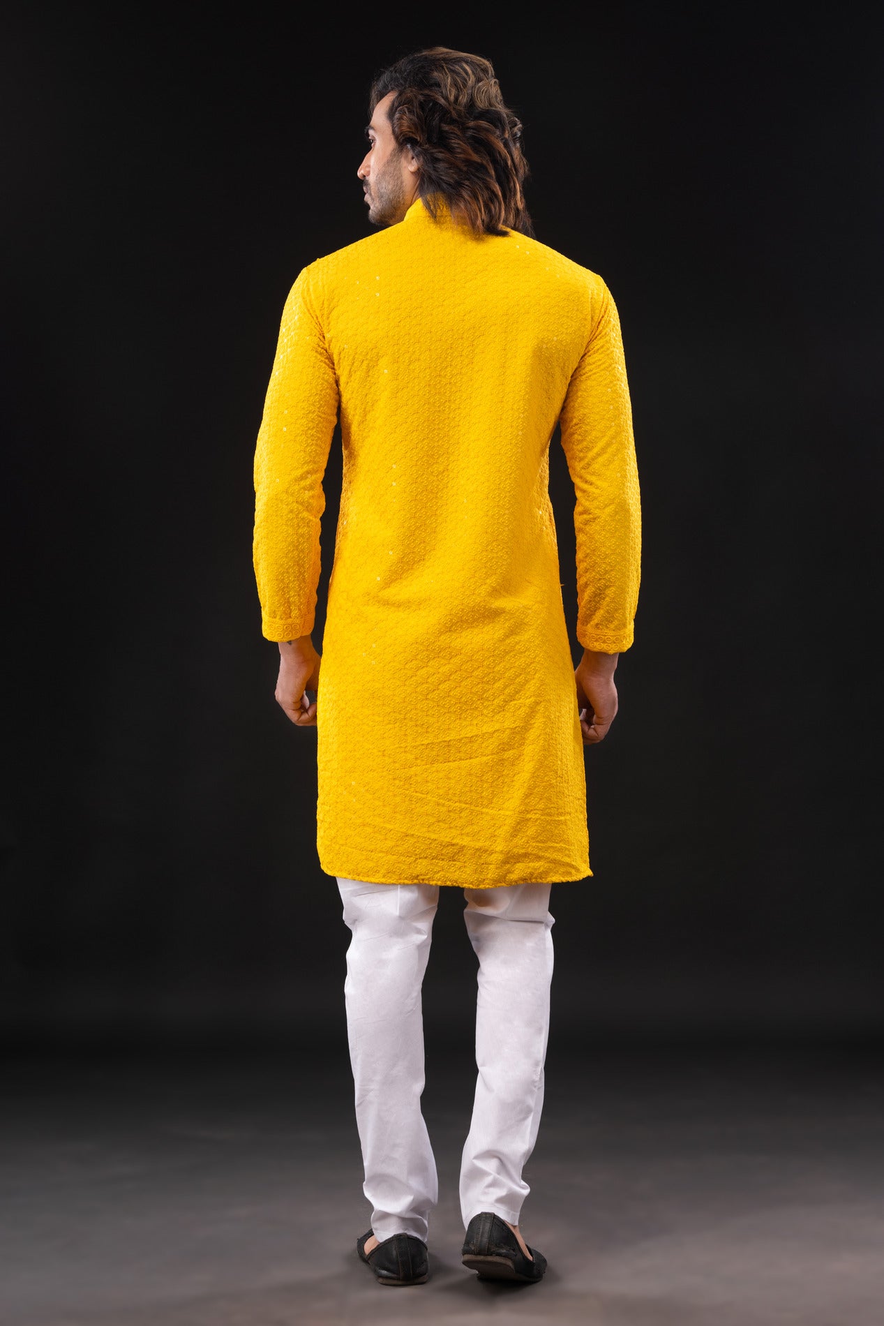HAMSAFAR Men’s Yellow Sequence Cotton Casual Kurta