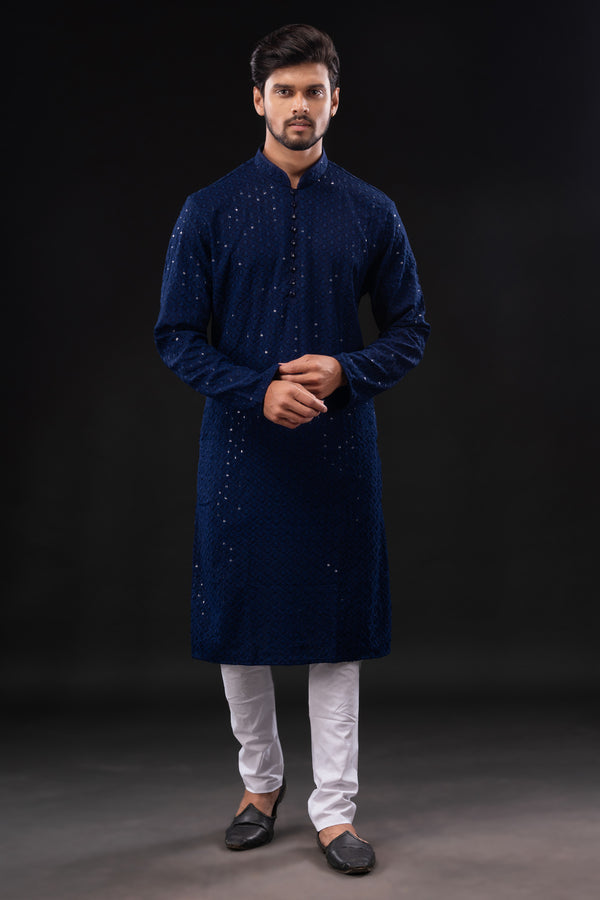 HAMSAFAR Men’s Blue Sequence Cotton Casual Kurta