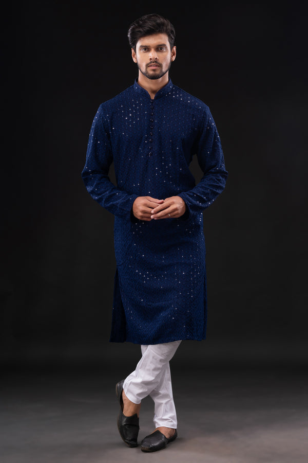 HAMSAFAR Men’s Blue Sequence Cotton Casual Kurta