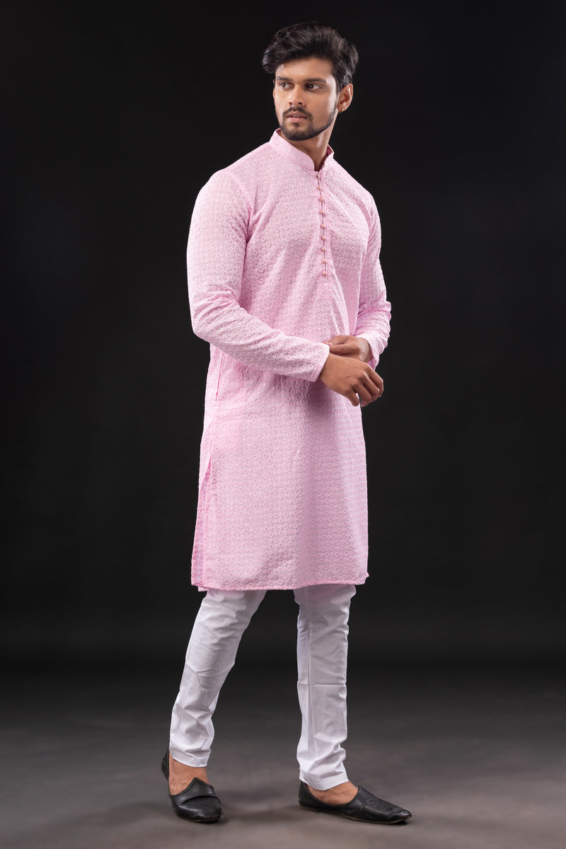 HAMSAFAR Men’s Light Pink Sequence Cotton Casual Kurta