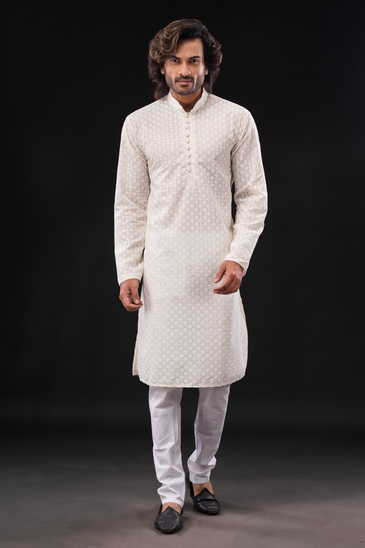 HAMSAFAR Men’s White Sequence Cotton Casual Kurta