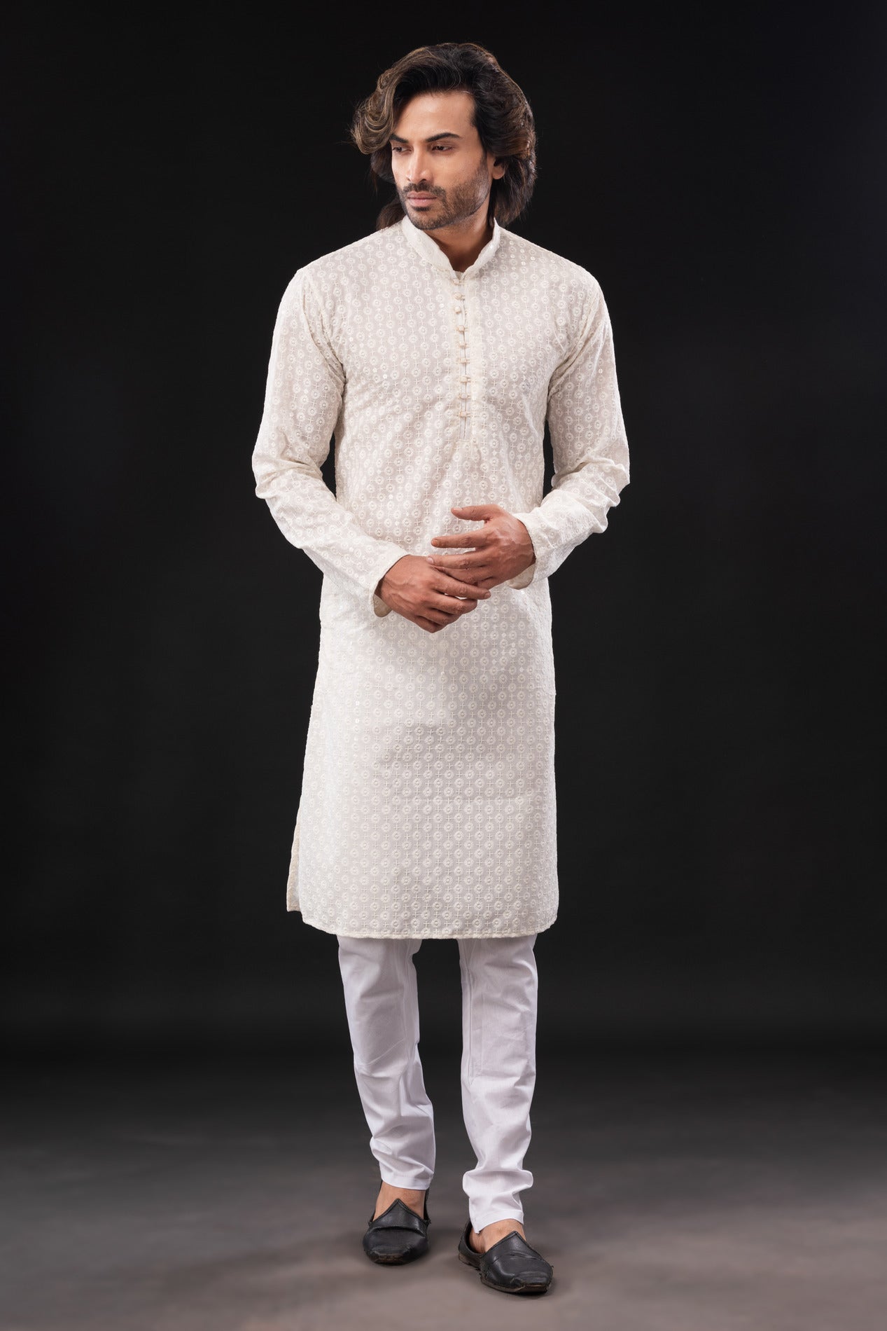 HAMSAFAR Men’s White Sequence Cotton Casual Kurta