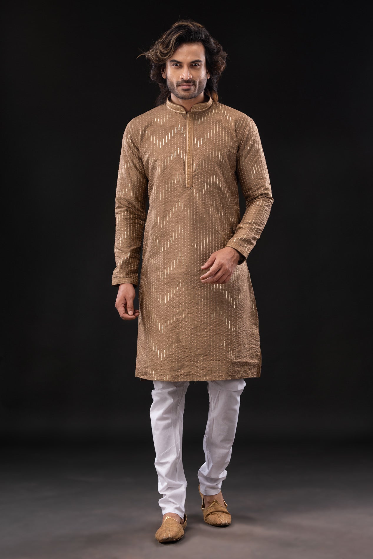 HAMSAFAR Men’s Light brown Dupion Sequence Silk Party Wear Kurta
