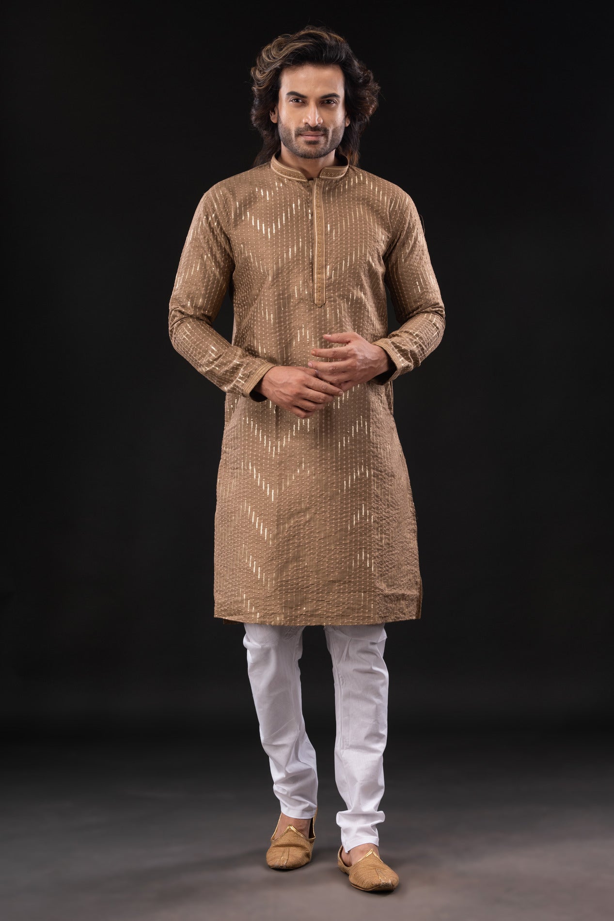 HAMSAFAR Men’s Light brown Dupion Sequence Silk Party Wear Kurta