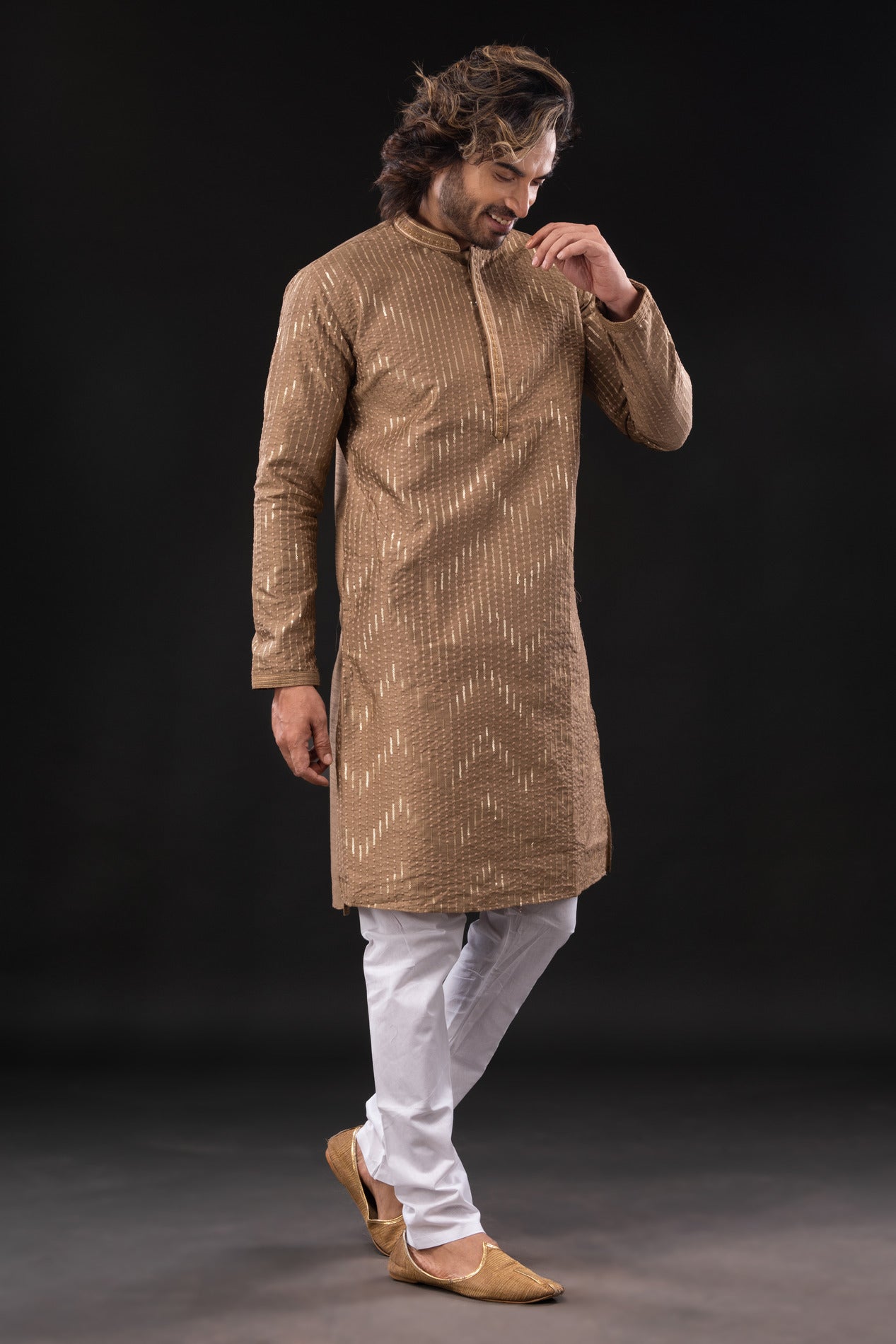 HAMSAFAR Men’s Light brown Dupion Sequence Silk Party Wear Kurta