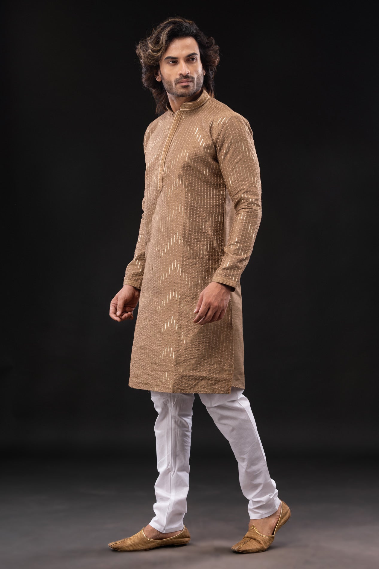 HAMSAFAR Men’s Light brown Dupion Sequence Silk Party Wear Kurta