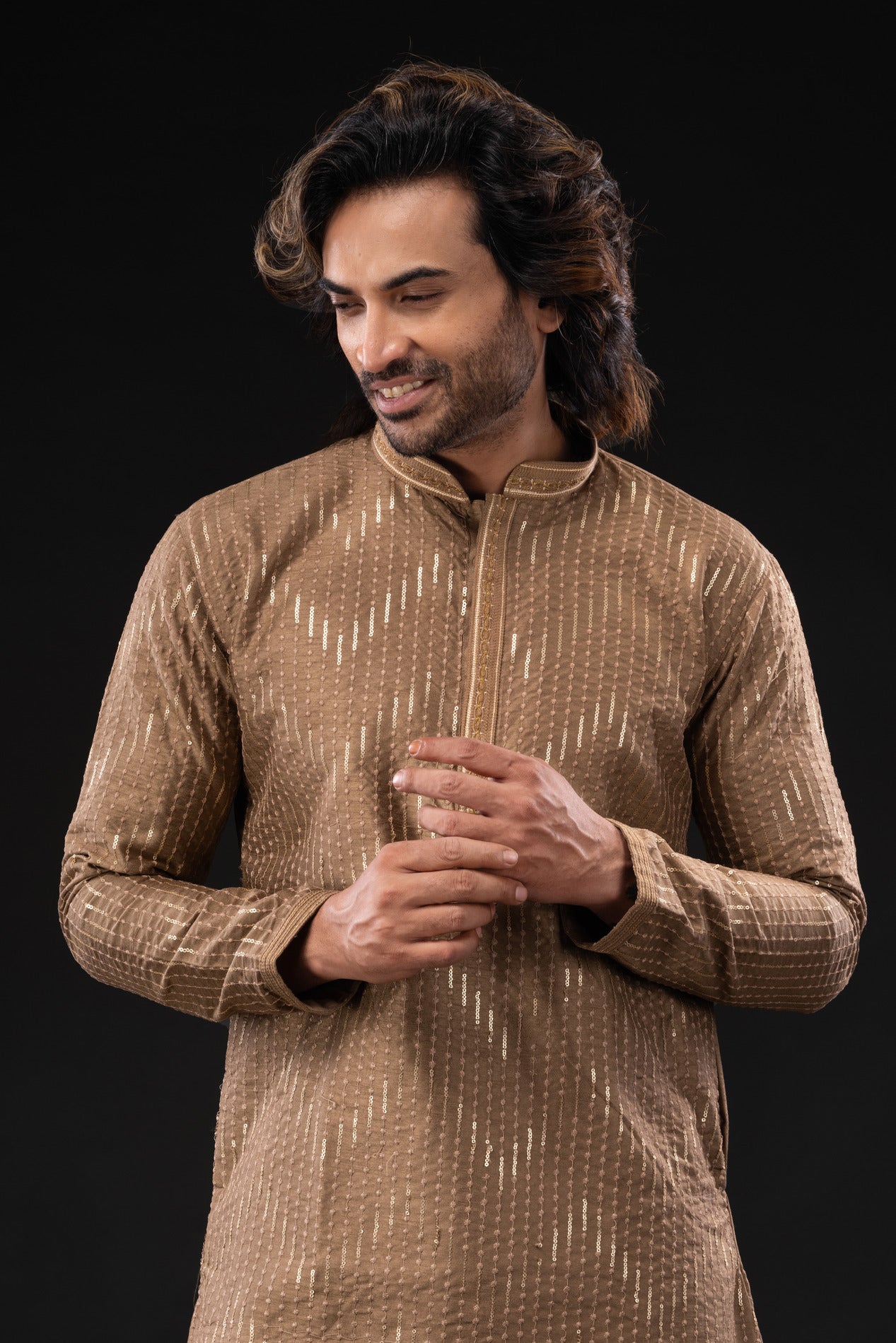 HAMSAFAR Men’s Light brown Dupion Sequence Silk Party Wear Kurta