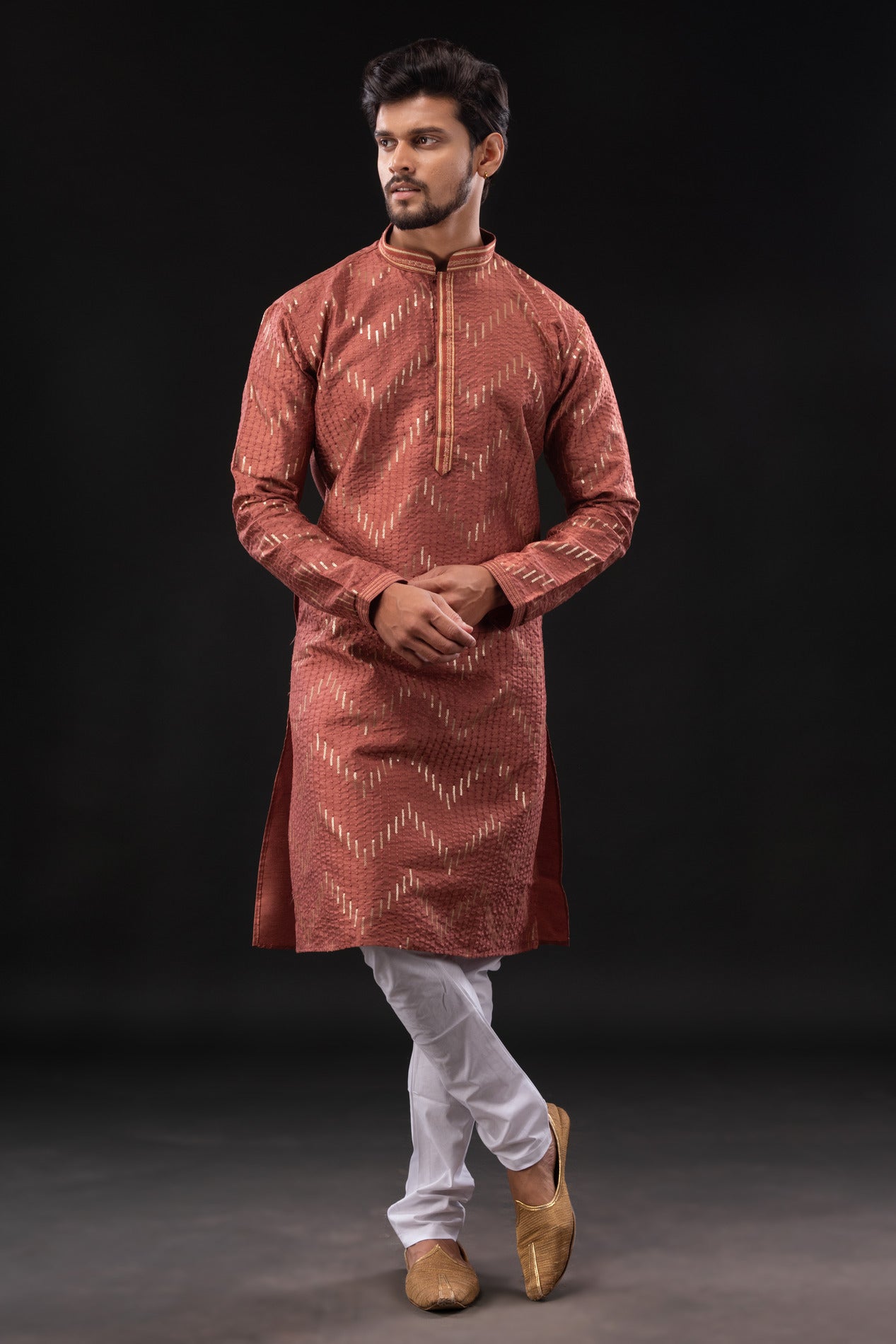 HAMSAFAR Men’s Dark Red Dupion Sequence Silk Party Wear Kurta