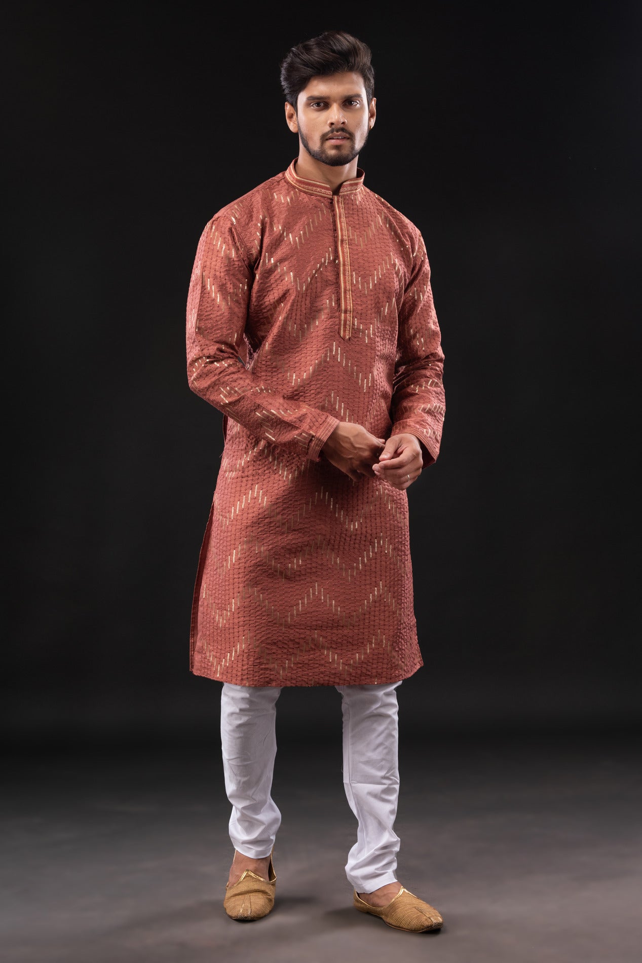 HAMSAFAR Men’s Dark Red Dupion Sequence Silk Party Wear Kurta