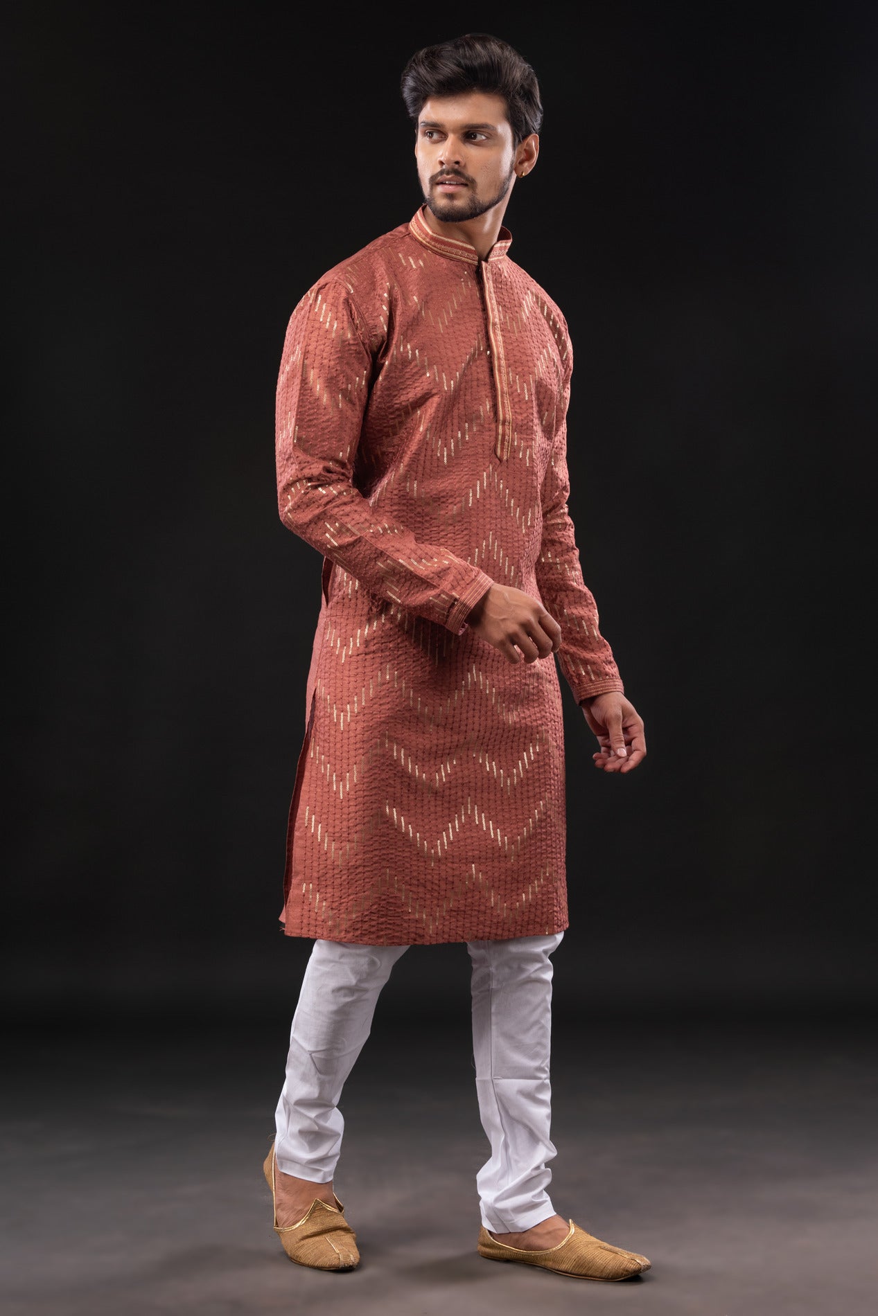 HAMSAFAR Men’s Dark Red Dupion Sequence Silk Party Wear Kurta