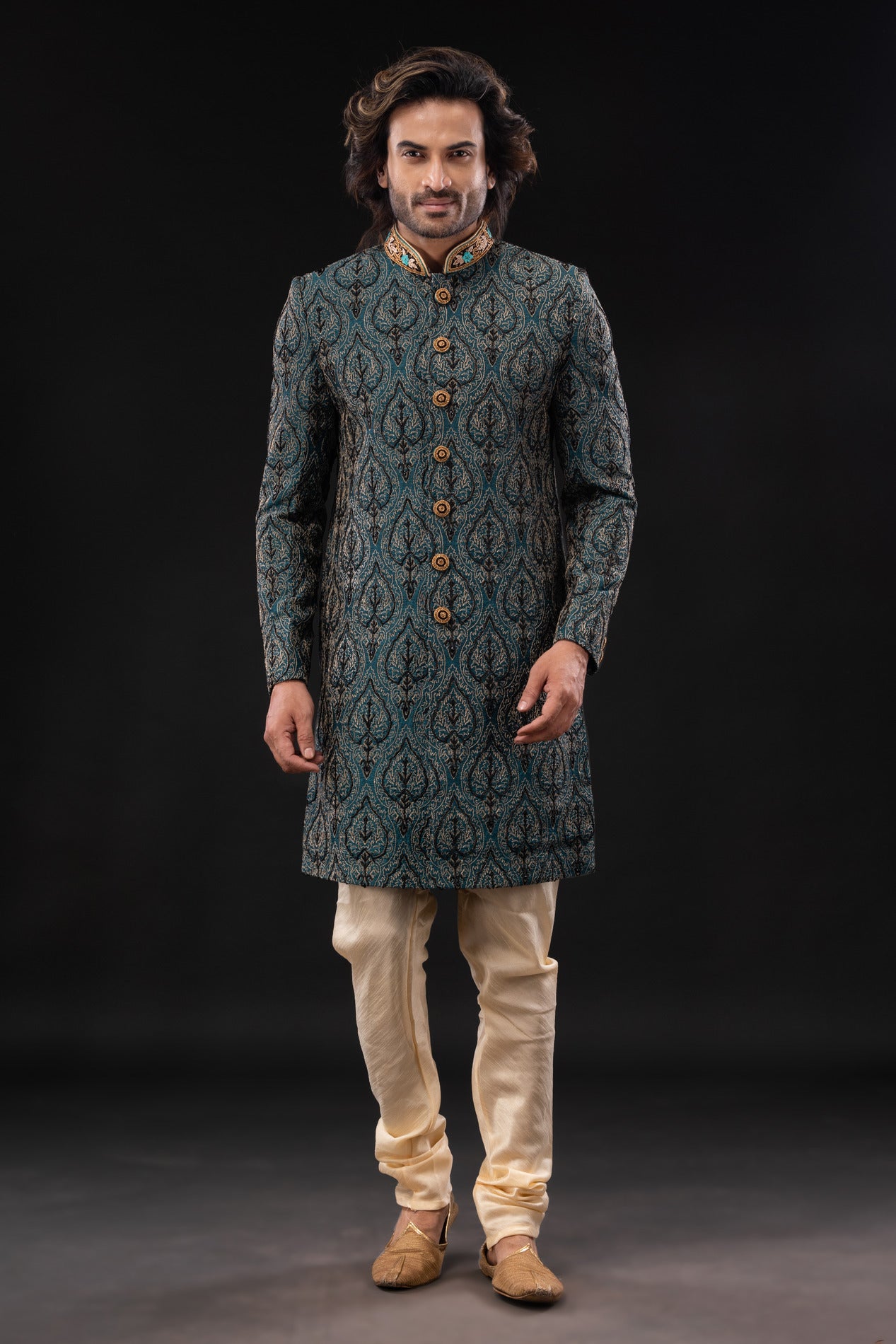 HAMSAFAR Men’s Grey Polyviscose Print Embroidery Sherwani