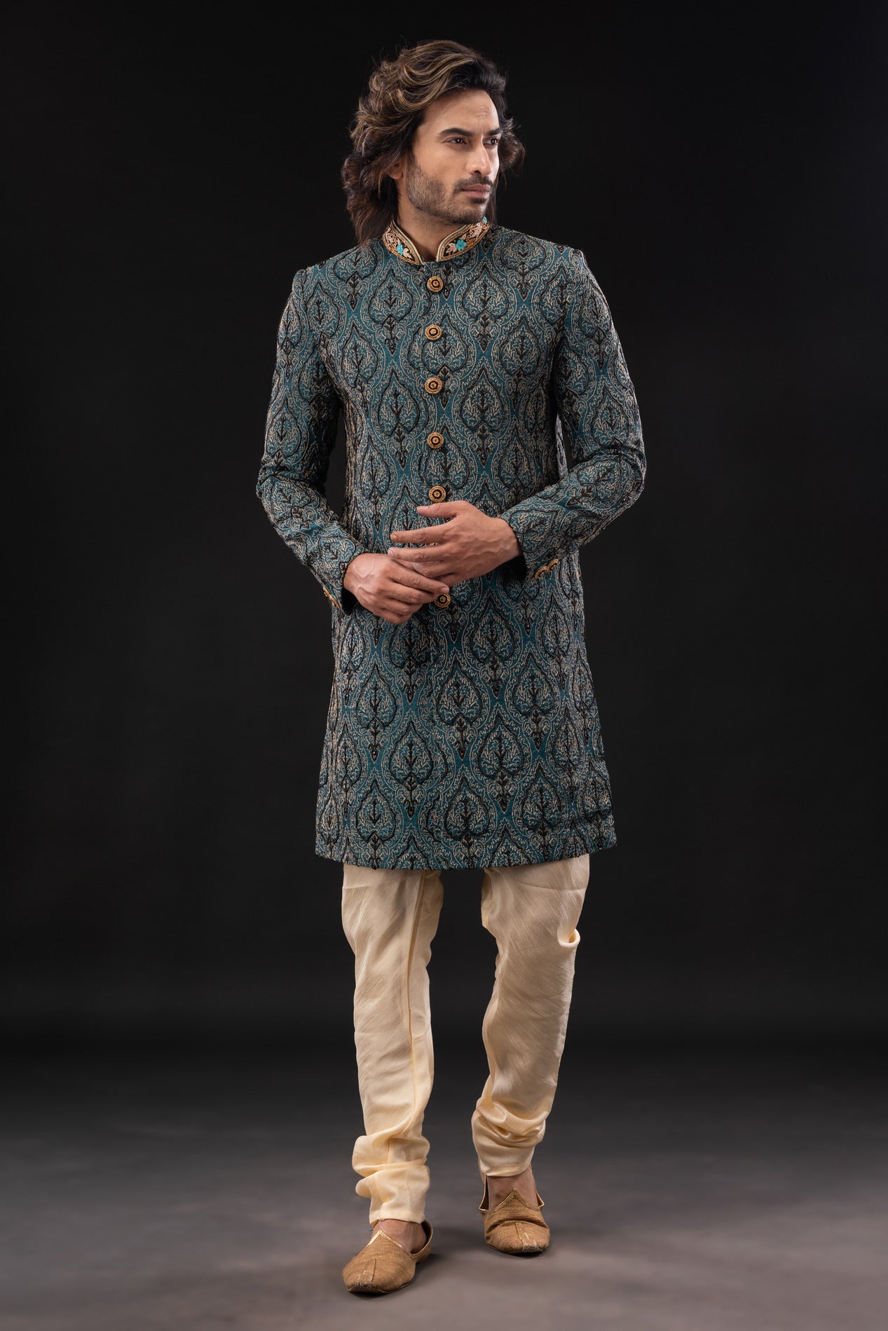 HAMSAFAR Men’s Grey Polyviscose Print Embroidery Sherwani