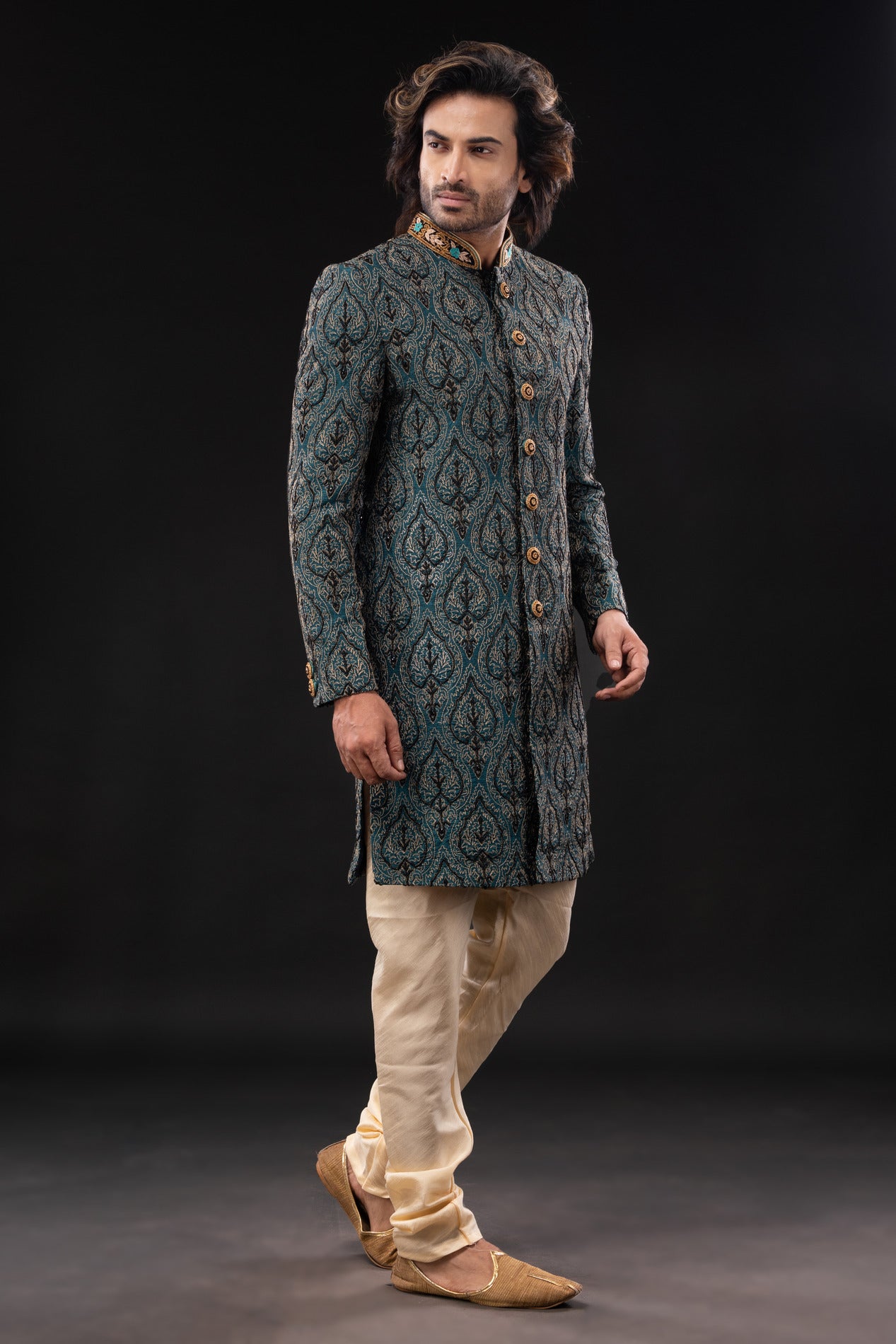 HAMSAFAR Men’s Grey Polyviscose Print Embroidery Sherwani