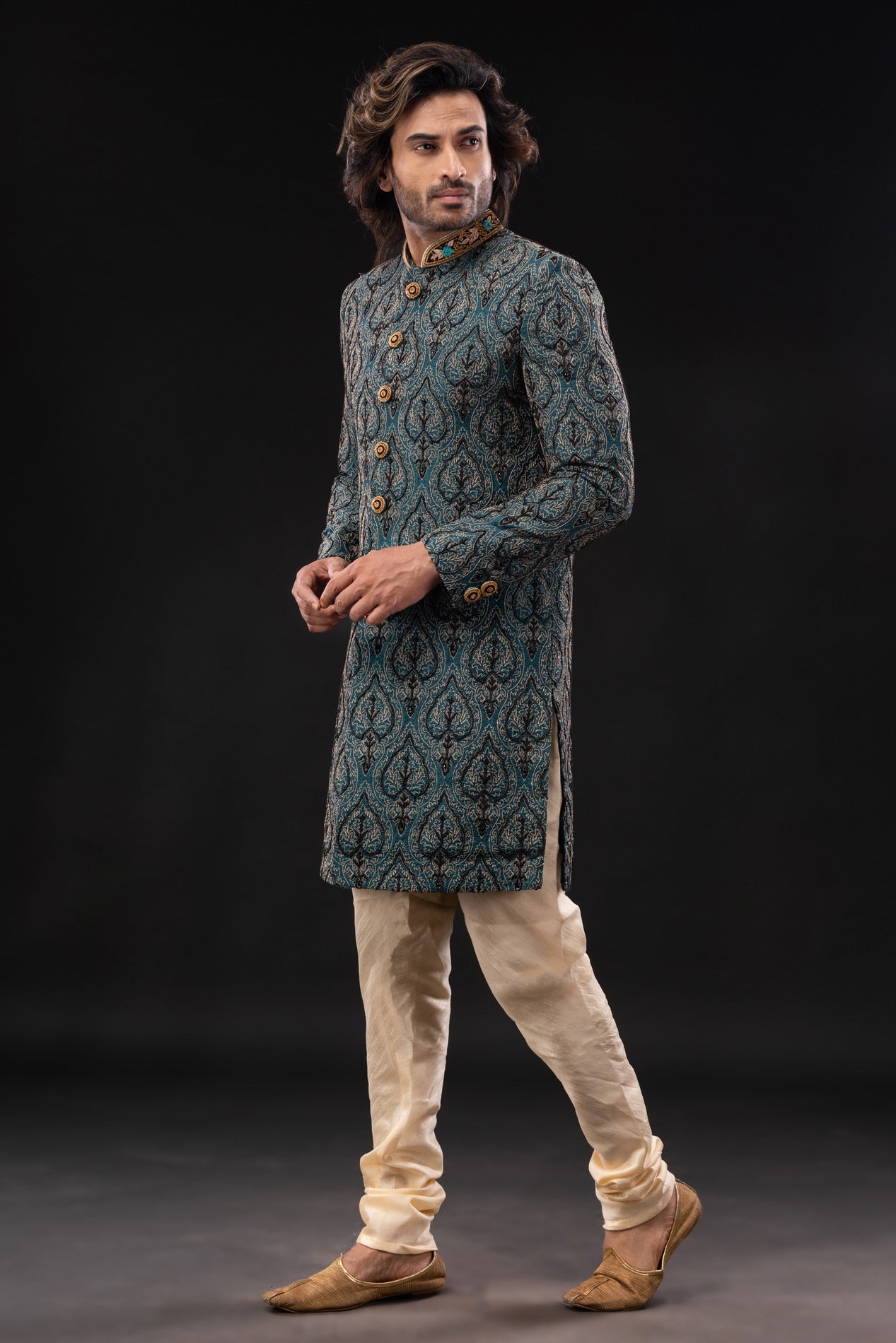 HAMSAFAR Men’s Grey Polyviscose Print Embroidery Sherwani
